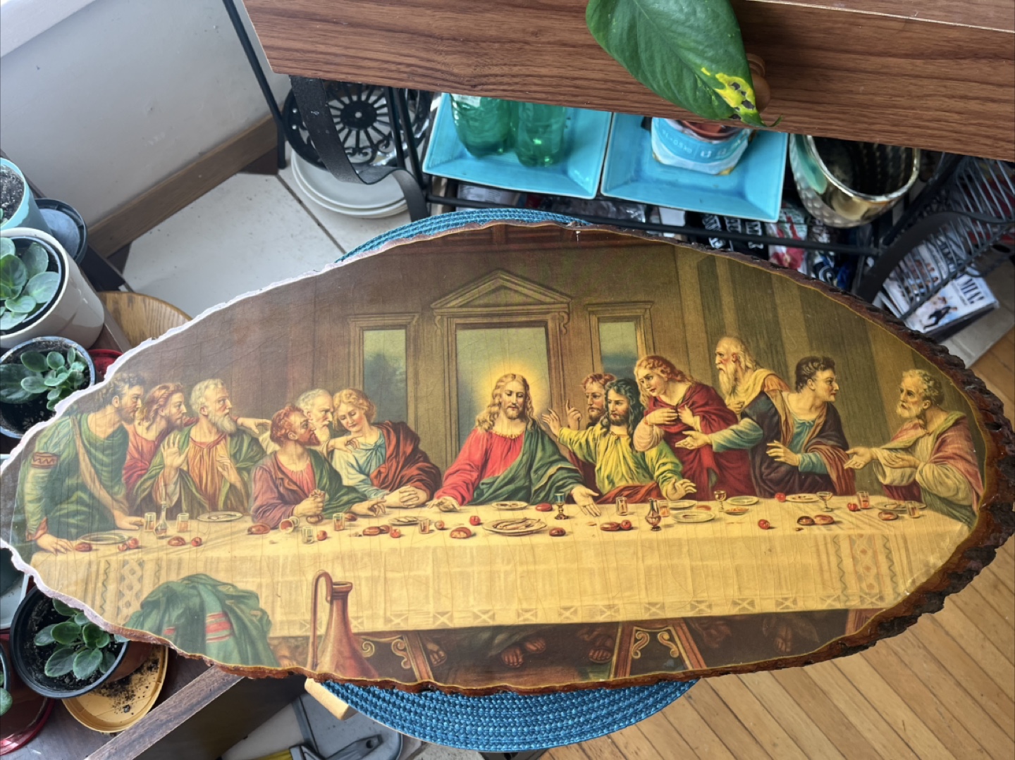 Art- “The Last Supper”, Vintage Decoupage on tree slice
