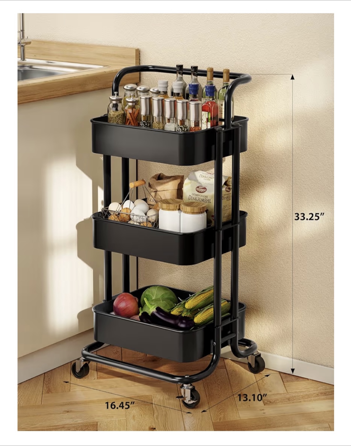 Black 3-Tier Rolling Cart - photo 4