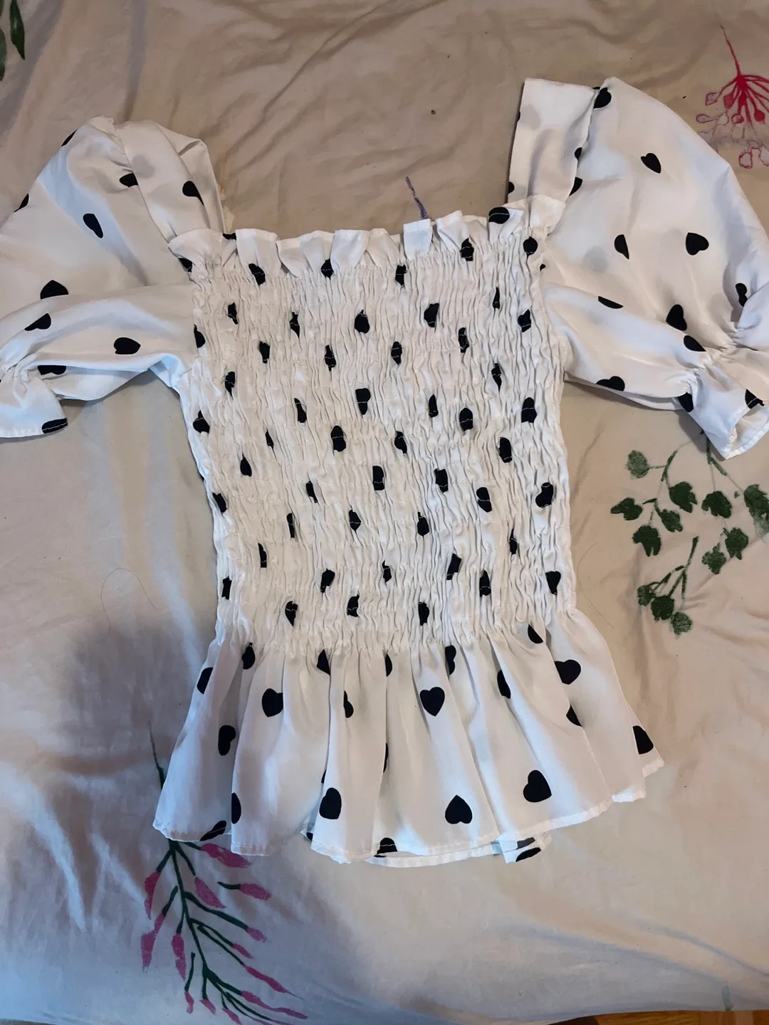 CAMBODIAN White & Black Heart Print Smocked Top thumbnail