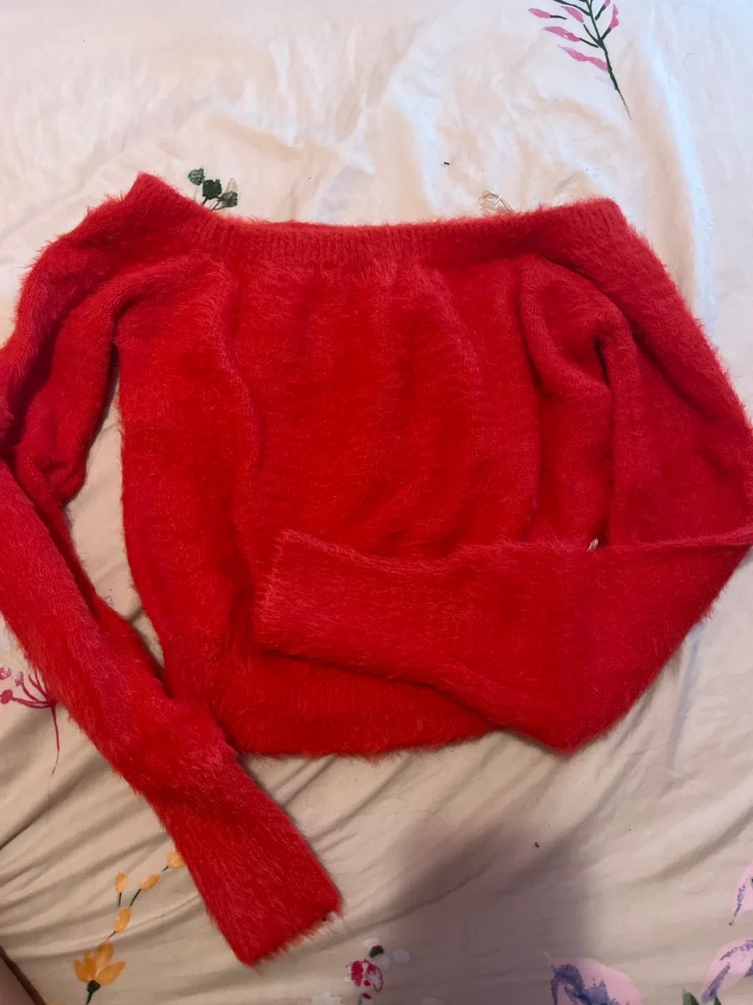 Red Fuzzy Off-the-Shoulder Sweater thumbnail