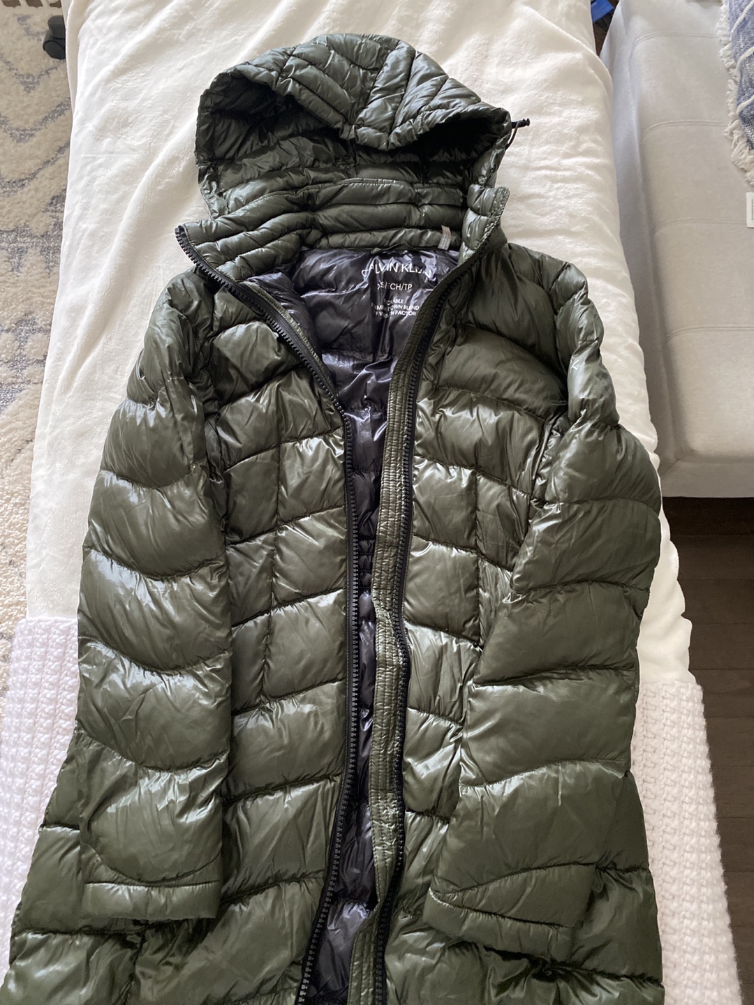 Women's Calvin Klein Olive Green Long Puffer Jacket with Hood - photo 2