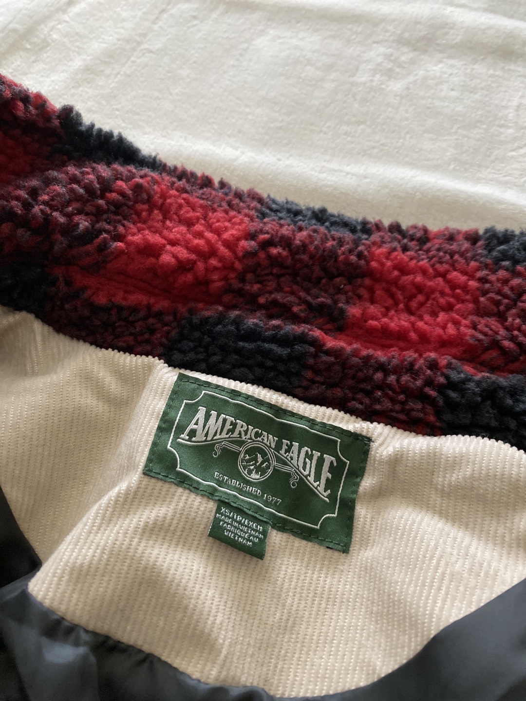 American Eagle Red and Black Buffalo Check Sherpa Jacket
