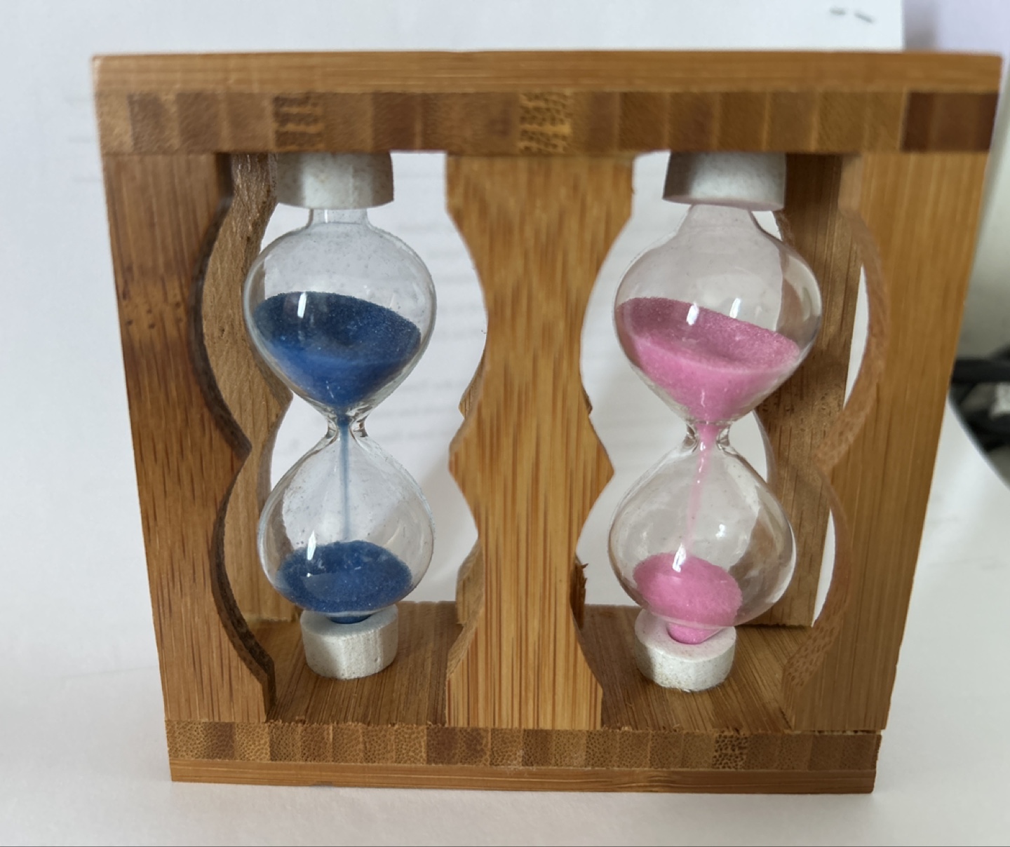 Double Hourglass Sand Timer, Bamboo Stand, Pink & Blue