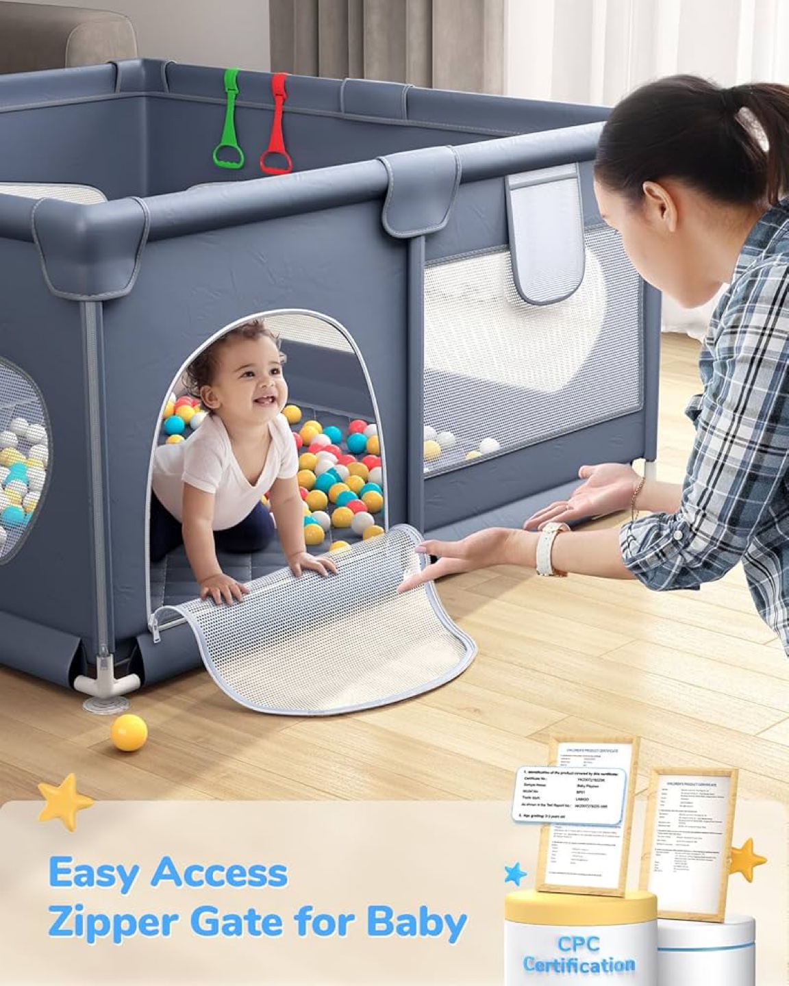 Lobogo Baby Playpen - Gray, Easy Zipper Access - photo 2