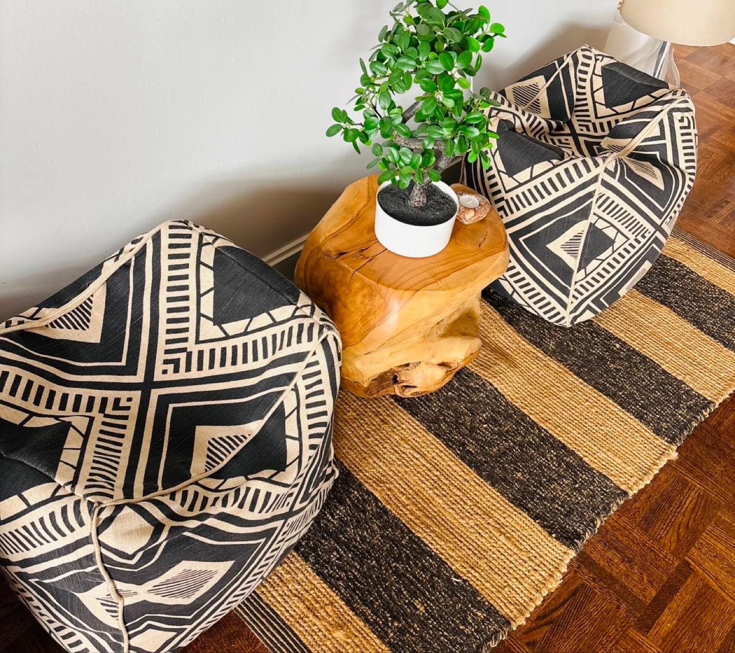 Home Depot outdoor Pair of Black and Beige Geometric Poufs thumbnail