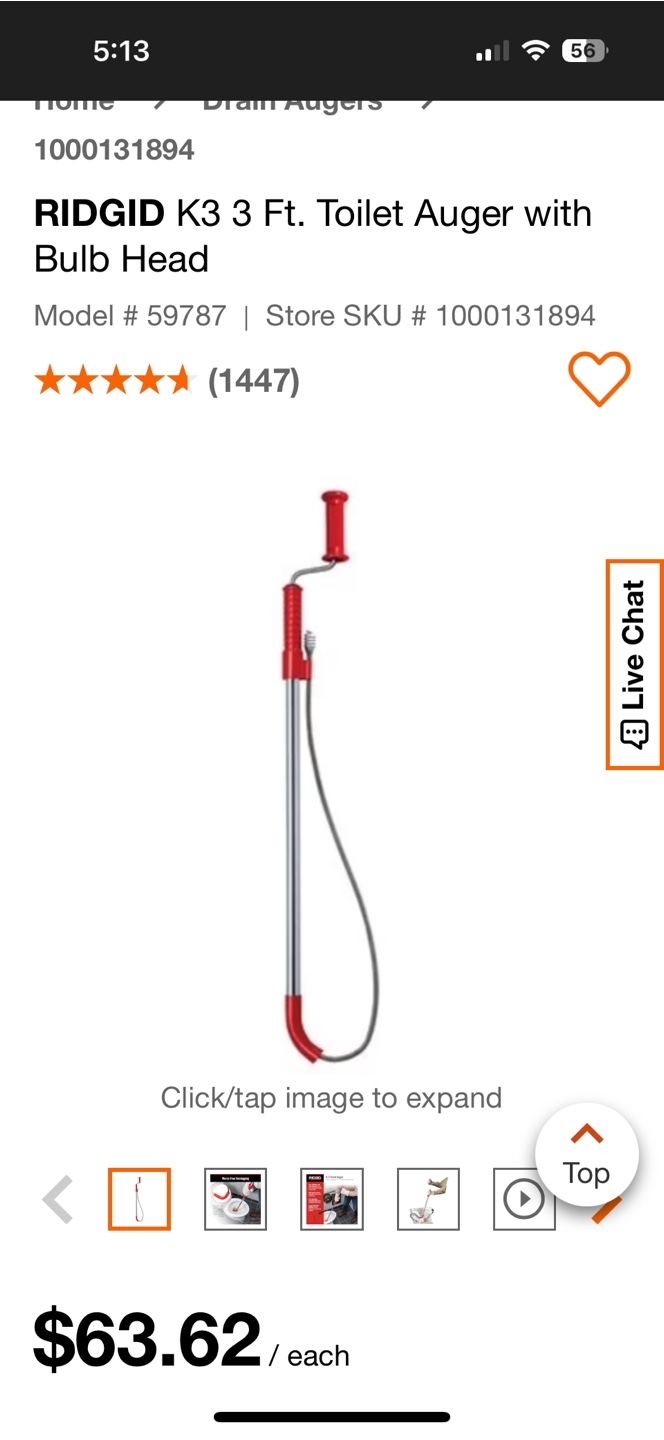 RIGID K3 3 Ft. Toilet Auger with Bulb Head Model # 59787