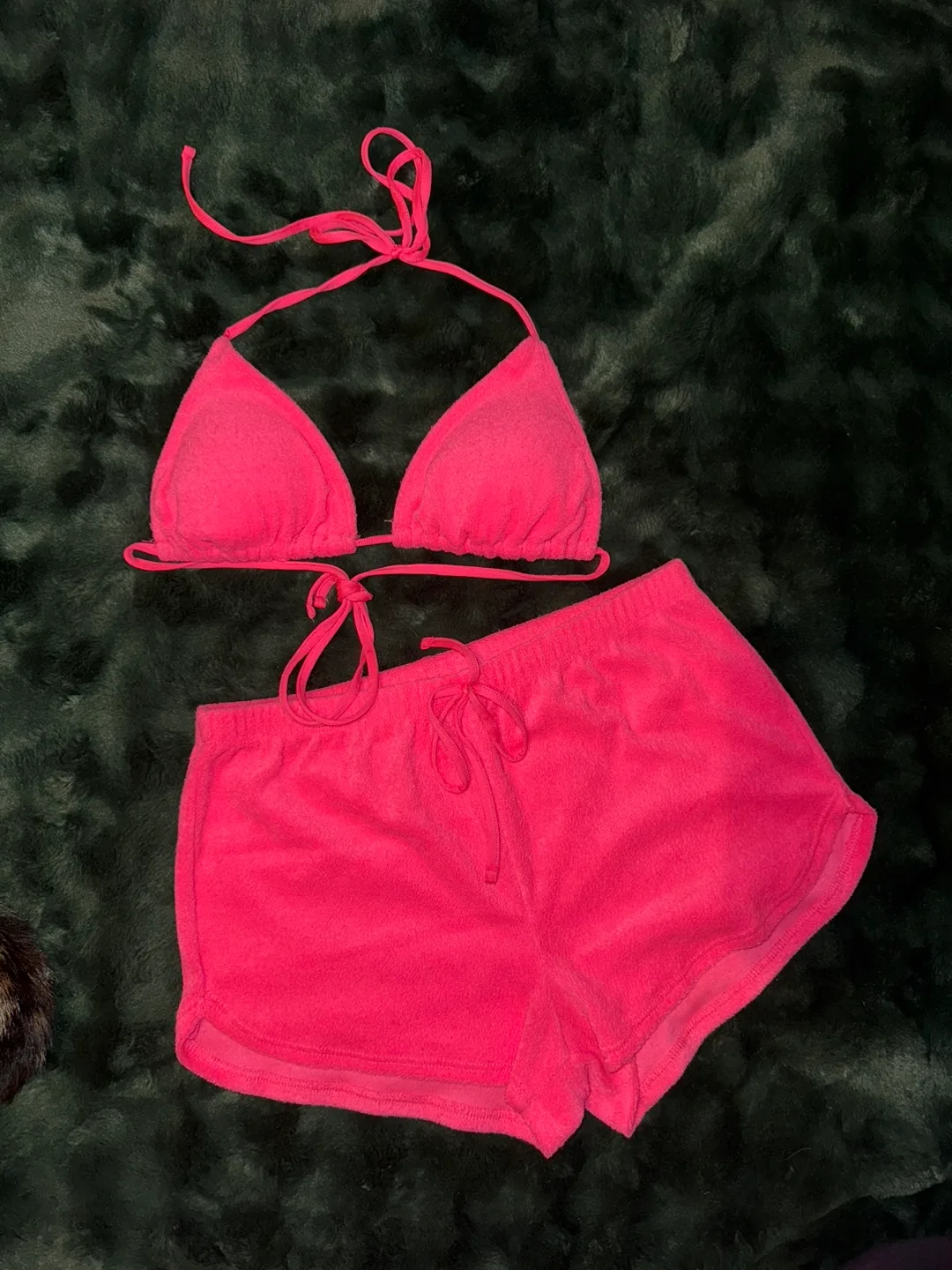 Neon pink terry cloth bikini top/shorts set thumbnail