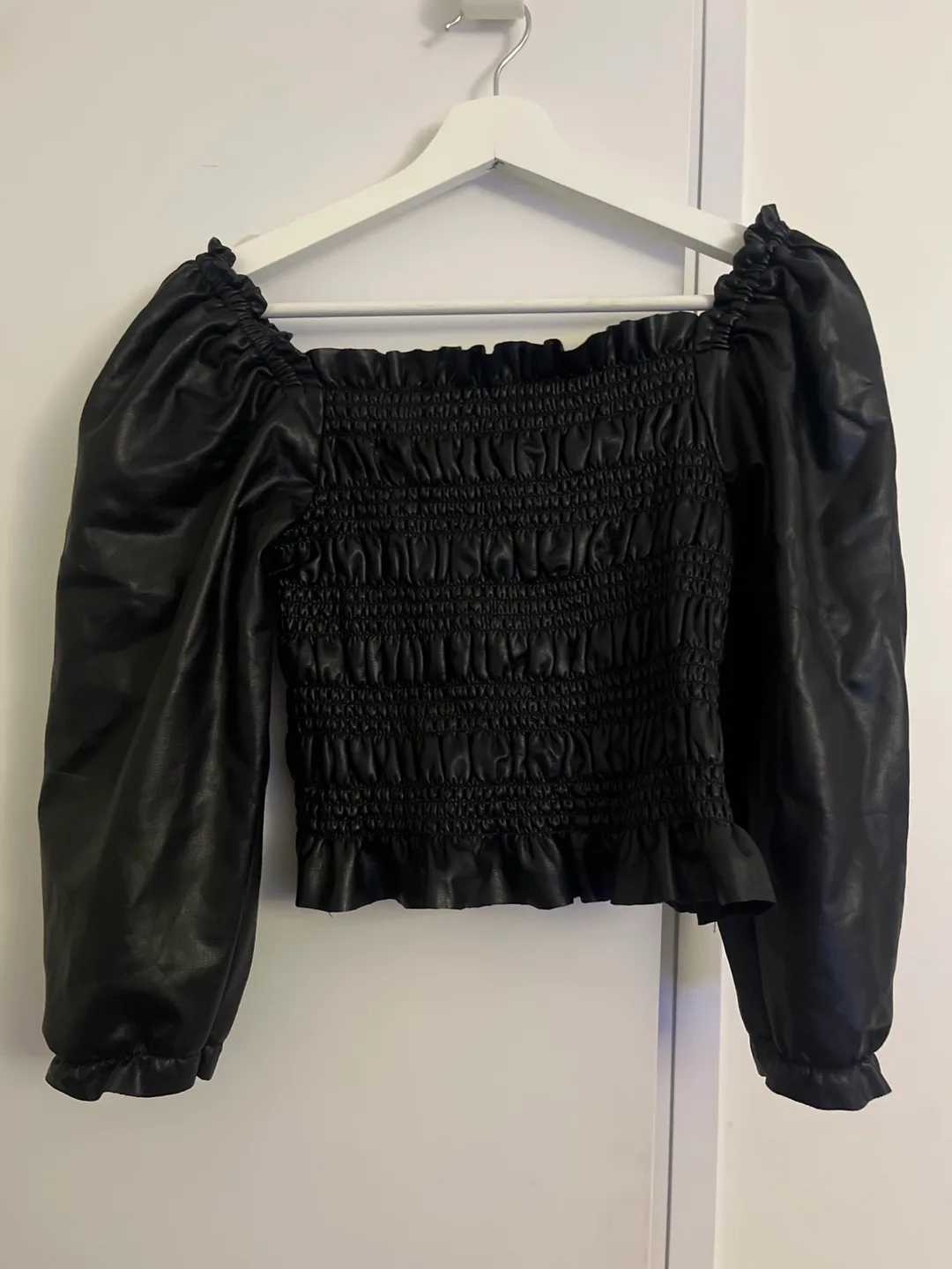 Black Faux Leather Smocked Blouse thumbnail
