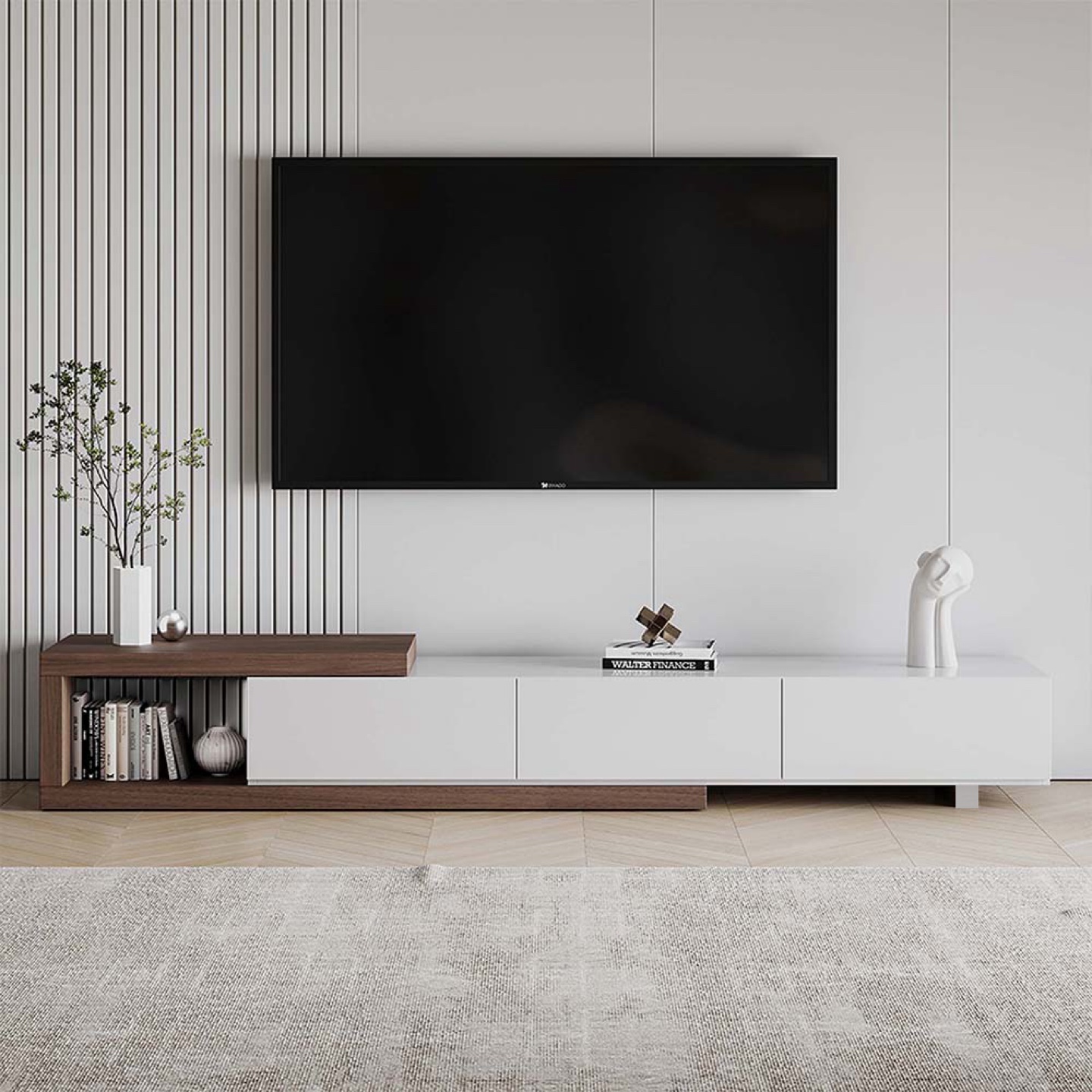 New Modern Extendable TV Stand with Drawers - Walnut and White - photo 2