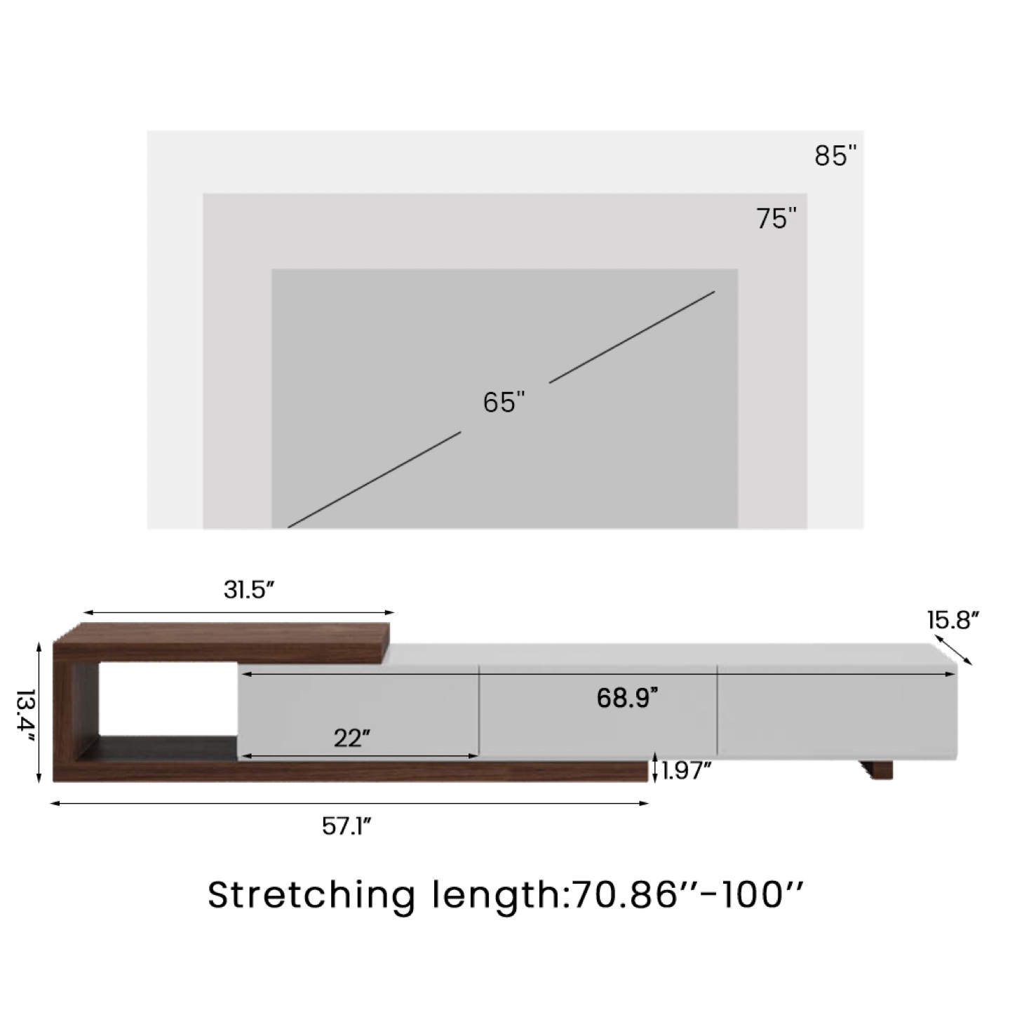 New Modern Extendable TV Stand with Drawers - Walnut and White - photo 4