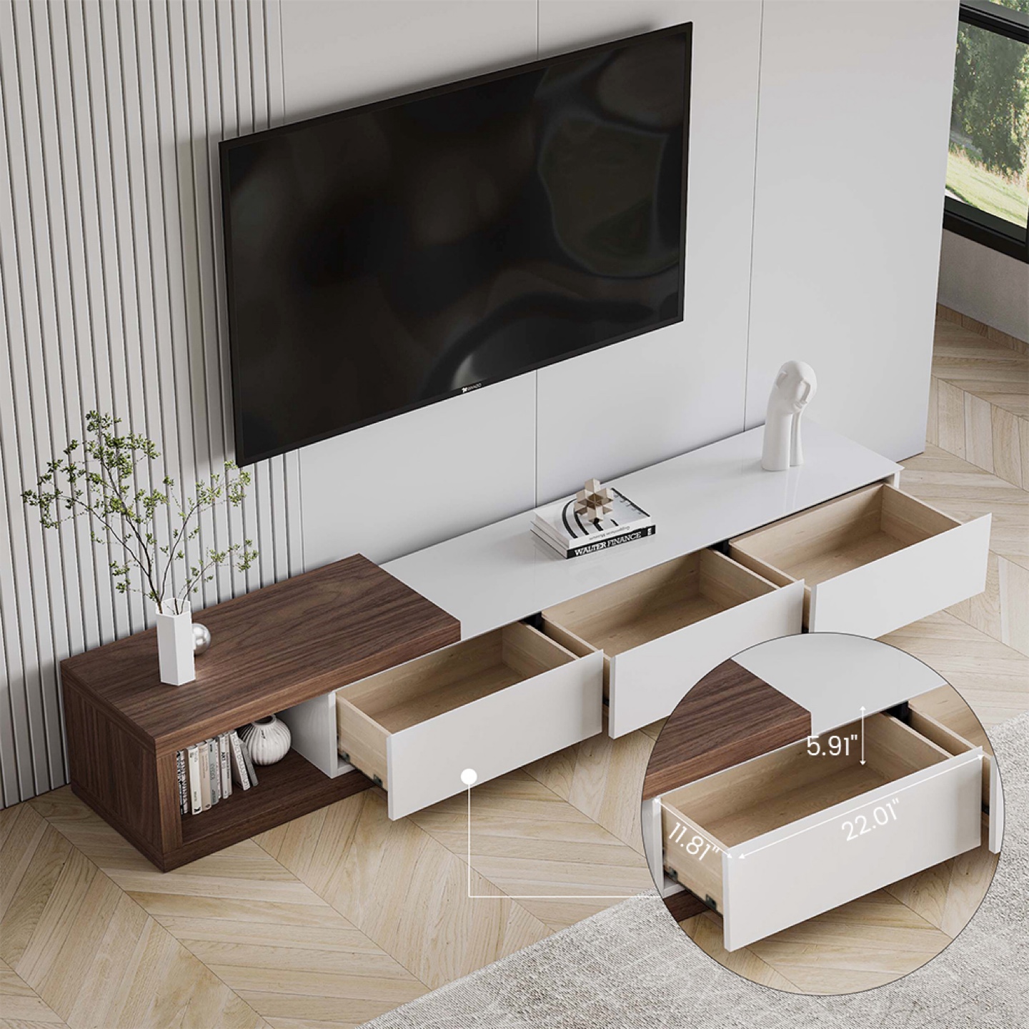 New Modern Extendable TV Stand with Drawers - Walnut and White - photo 3