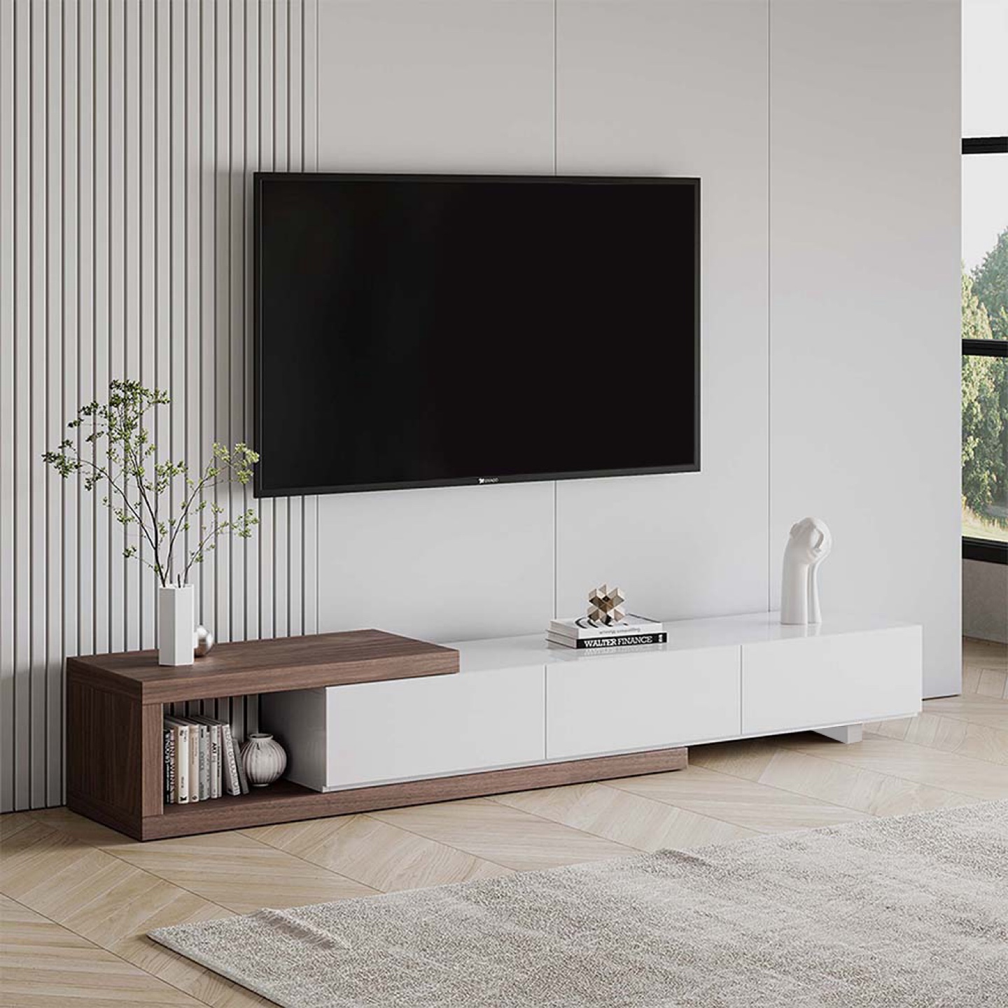New Modern Extendable TV Stand with Drawers - Walnut and White