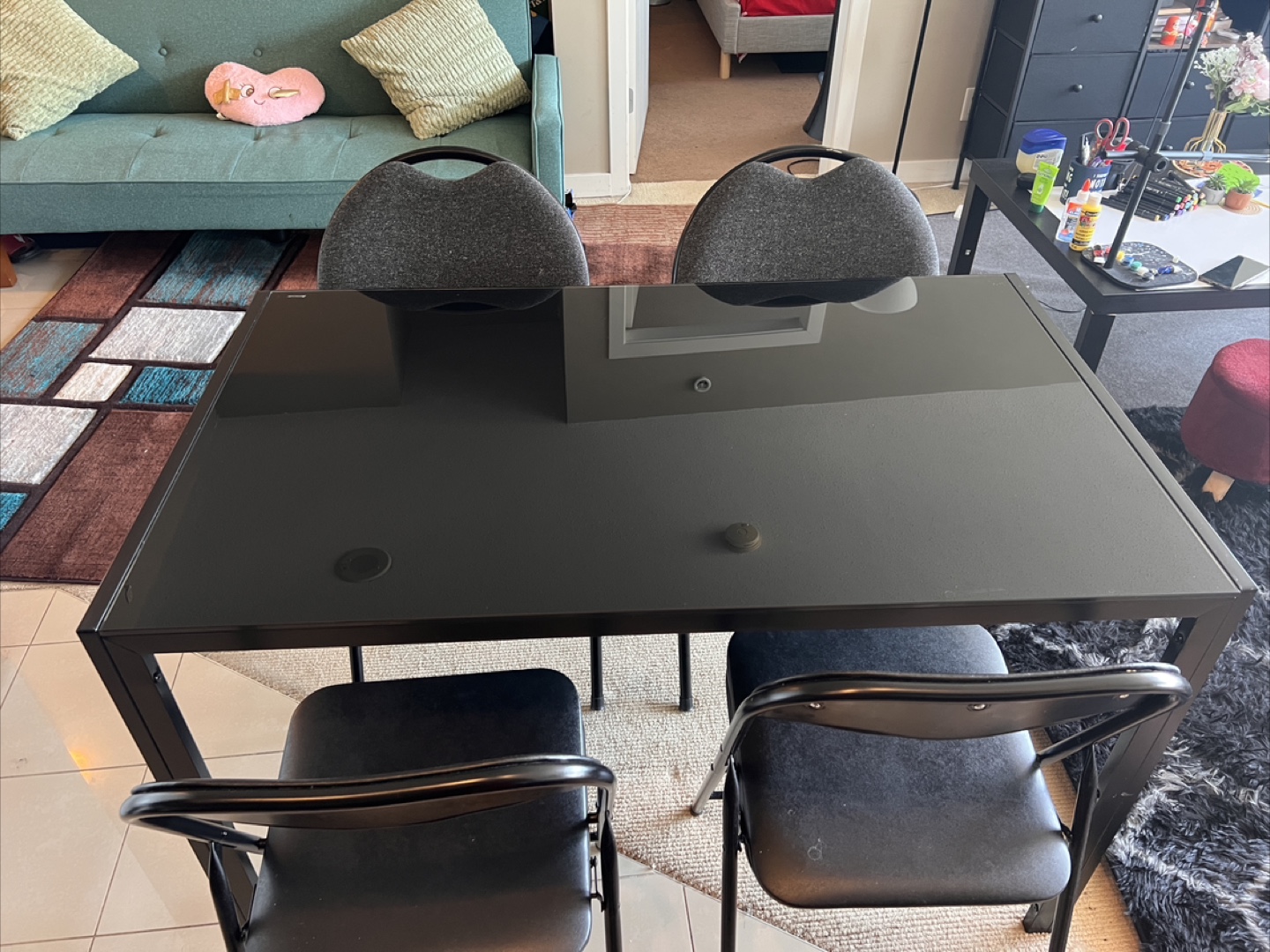 Black Glass Dining Table with Four Folding Chairs - photo 5