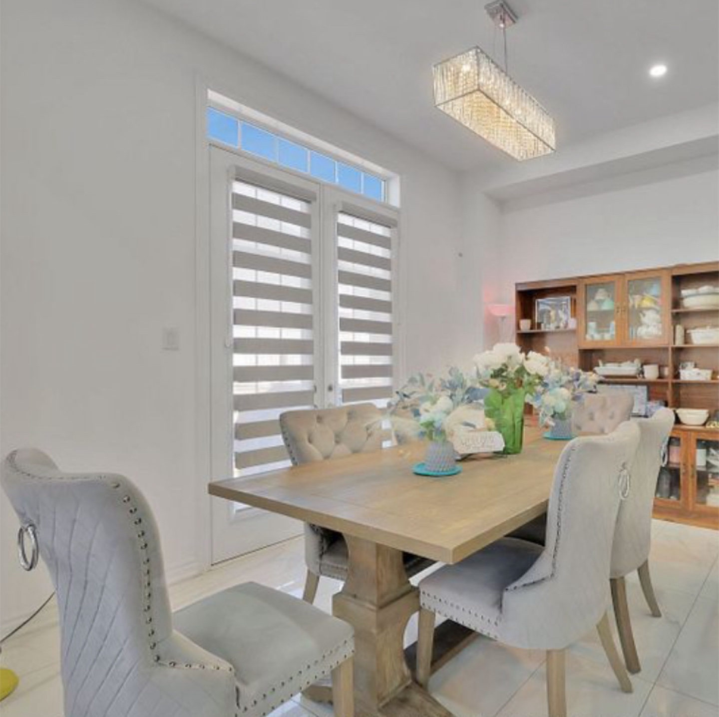 Six Grey Dining Chairs with Wooden Table