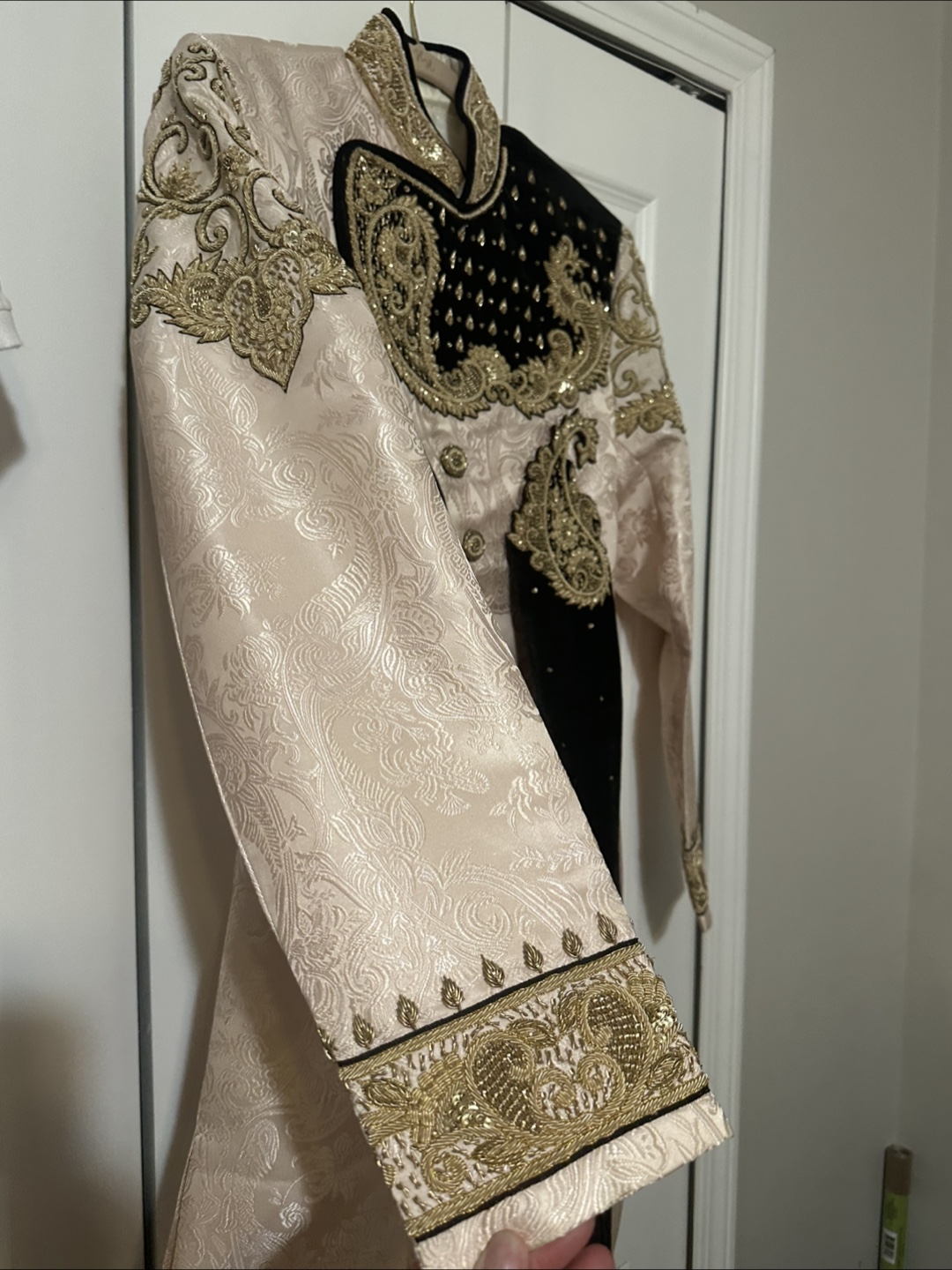 Men's Embroidered Beige and Black Sherwani - photo 5