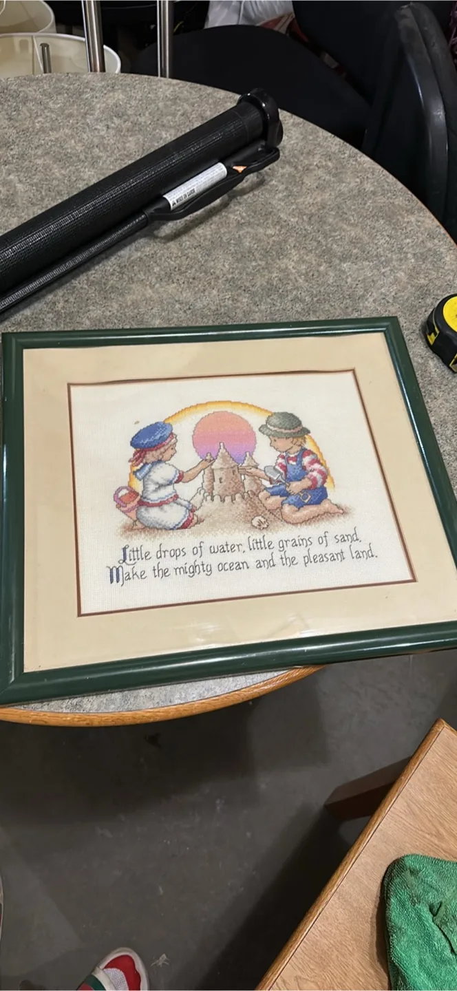 Framed Cross-Stitch of Children Building a Sandcastle thumbnail