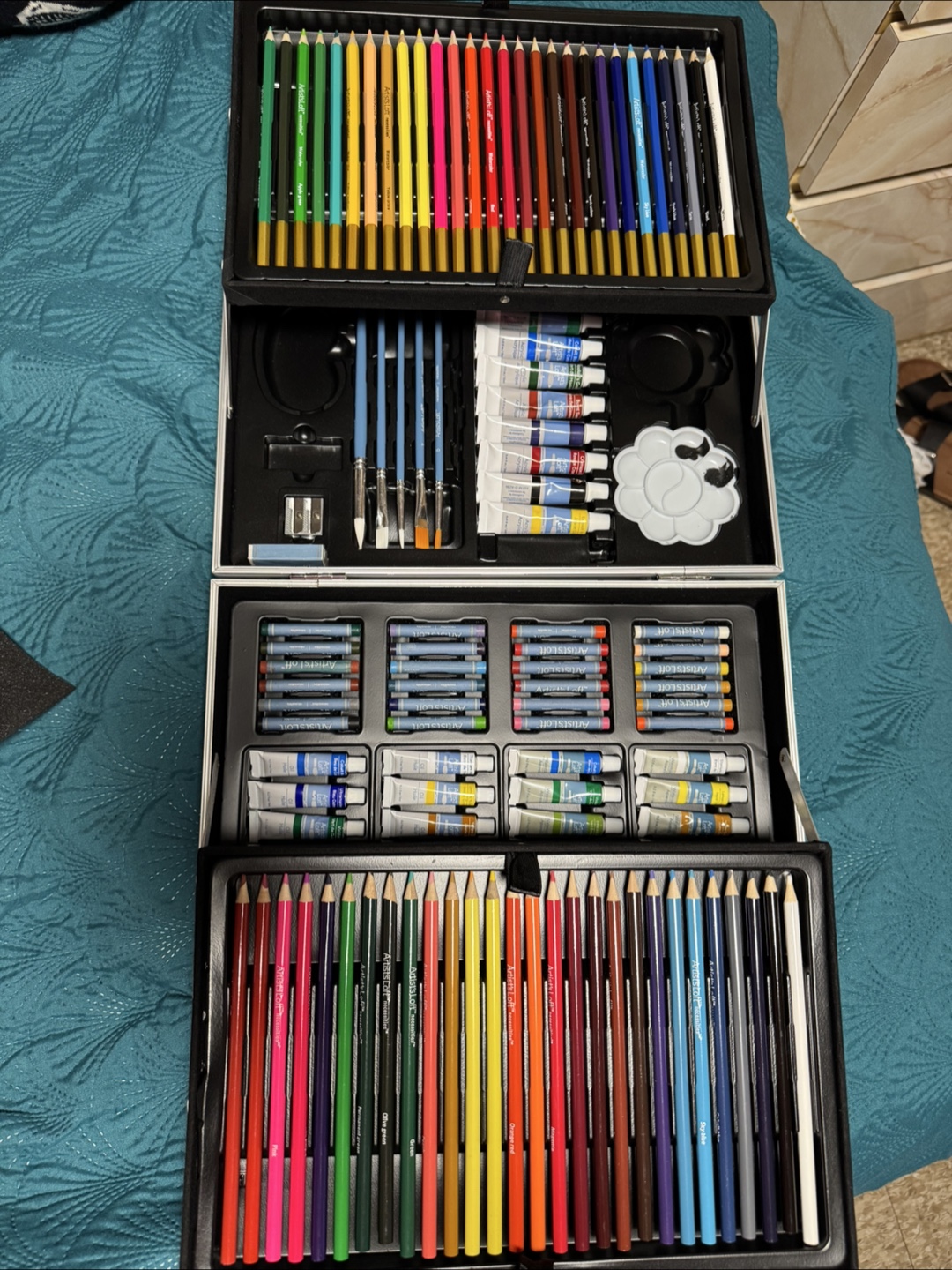 Artist's Carry Case with Colored Pencils, Paints, and Brushes