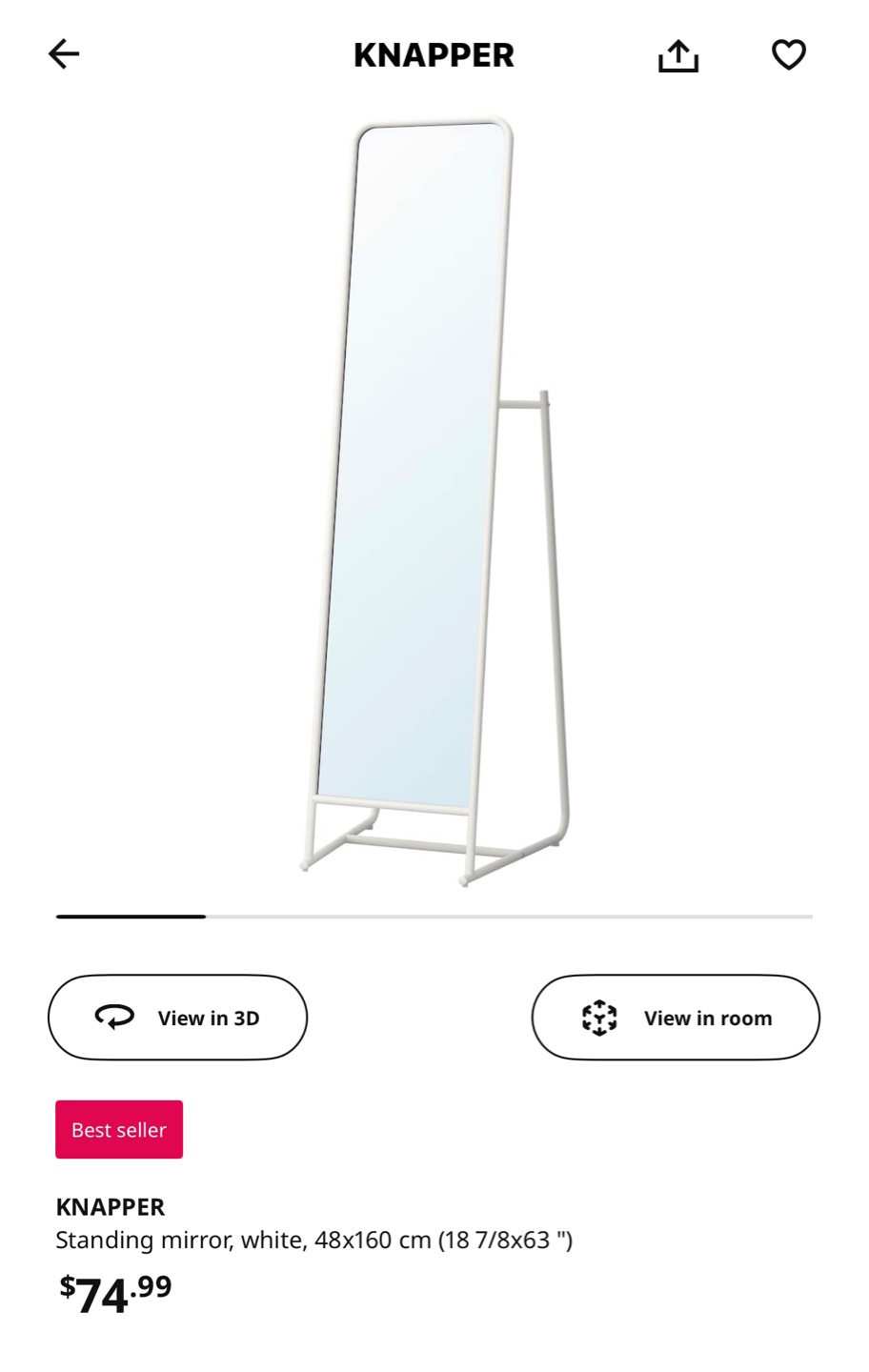 KNAPPER Full Length Standing Mirror - White