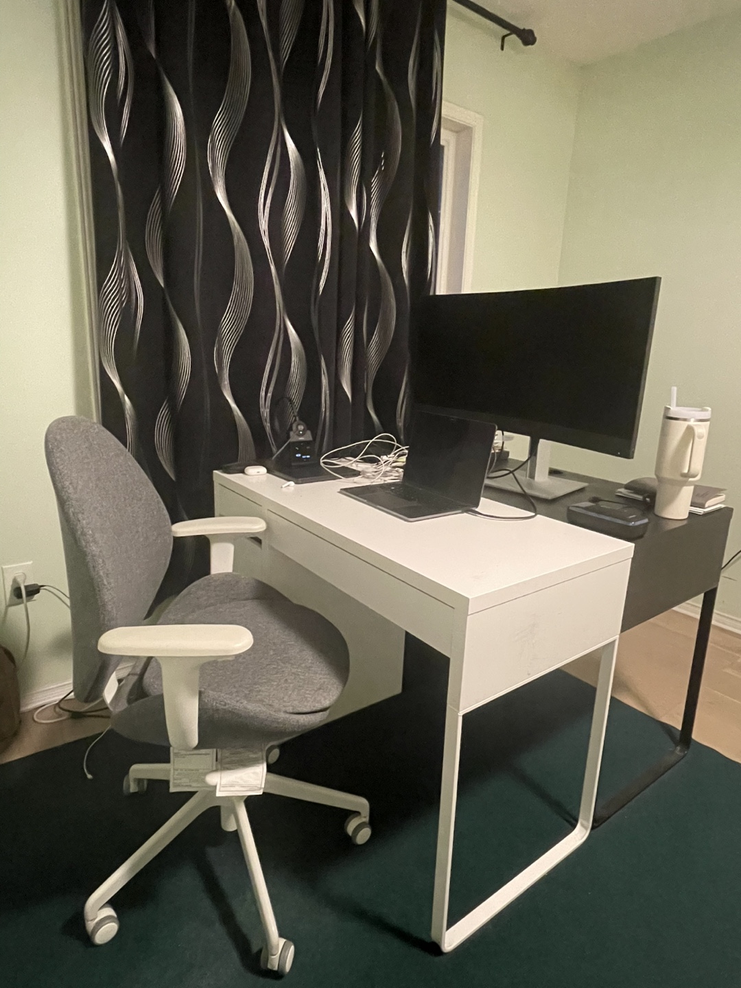 White and Black Desks with Grey Office Chair