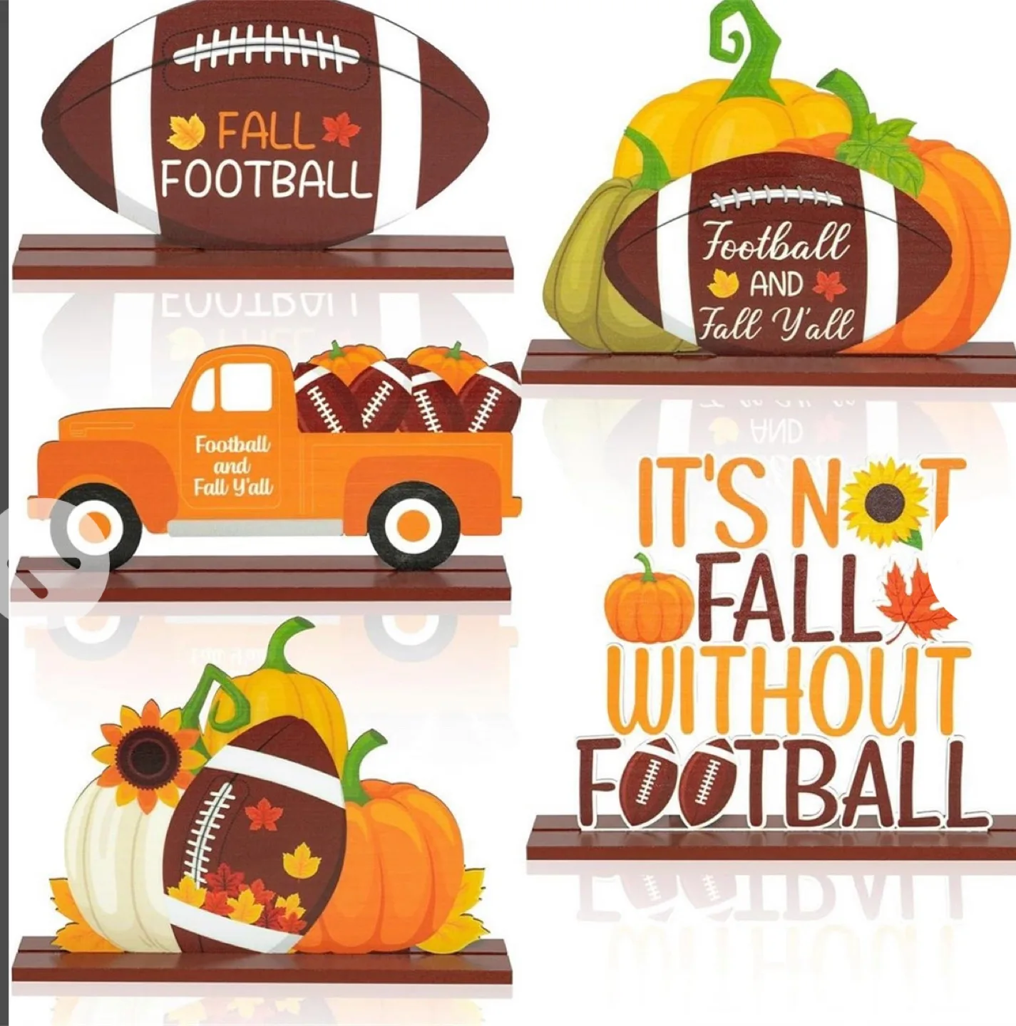 Set of 4 Autumn Football Themed Wooden Decor Pieces thumbnail