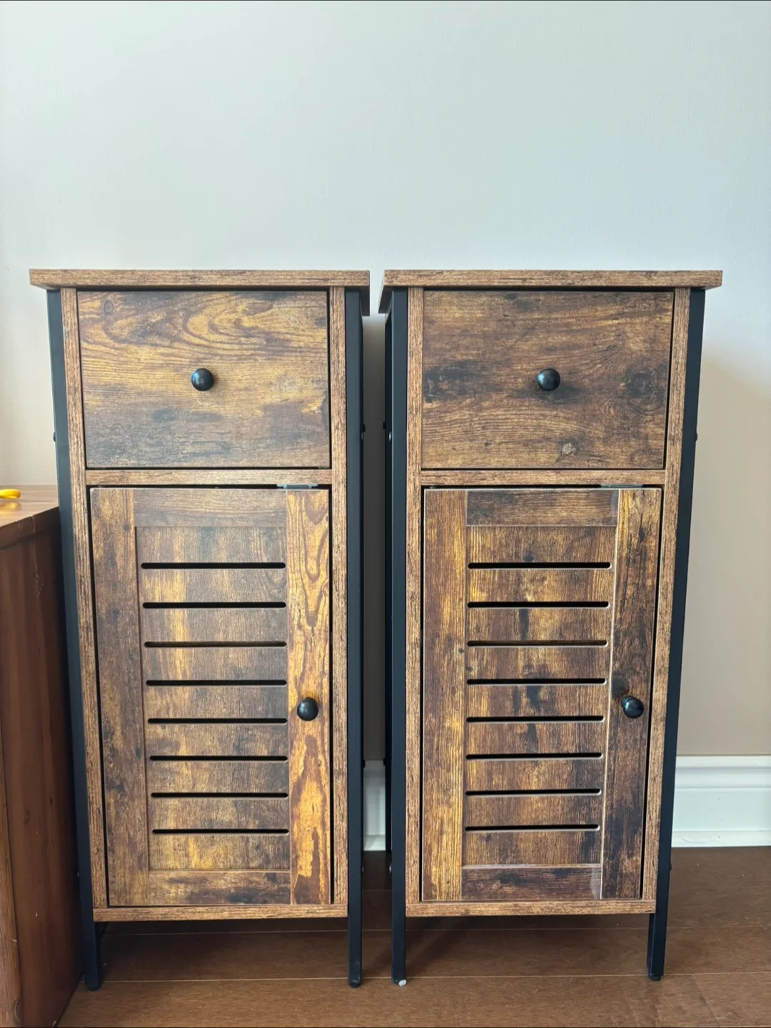 Pair of Rustic Brown Wooden Cabinets with Drawers thumbnail