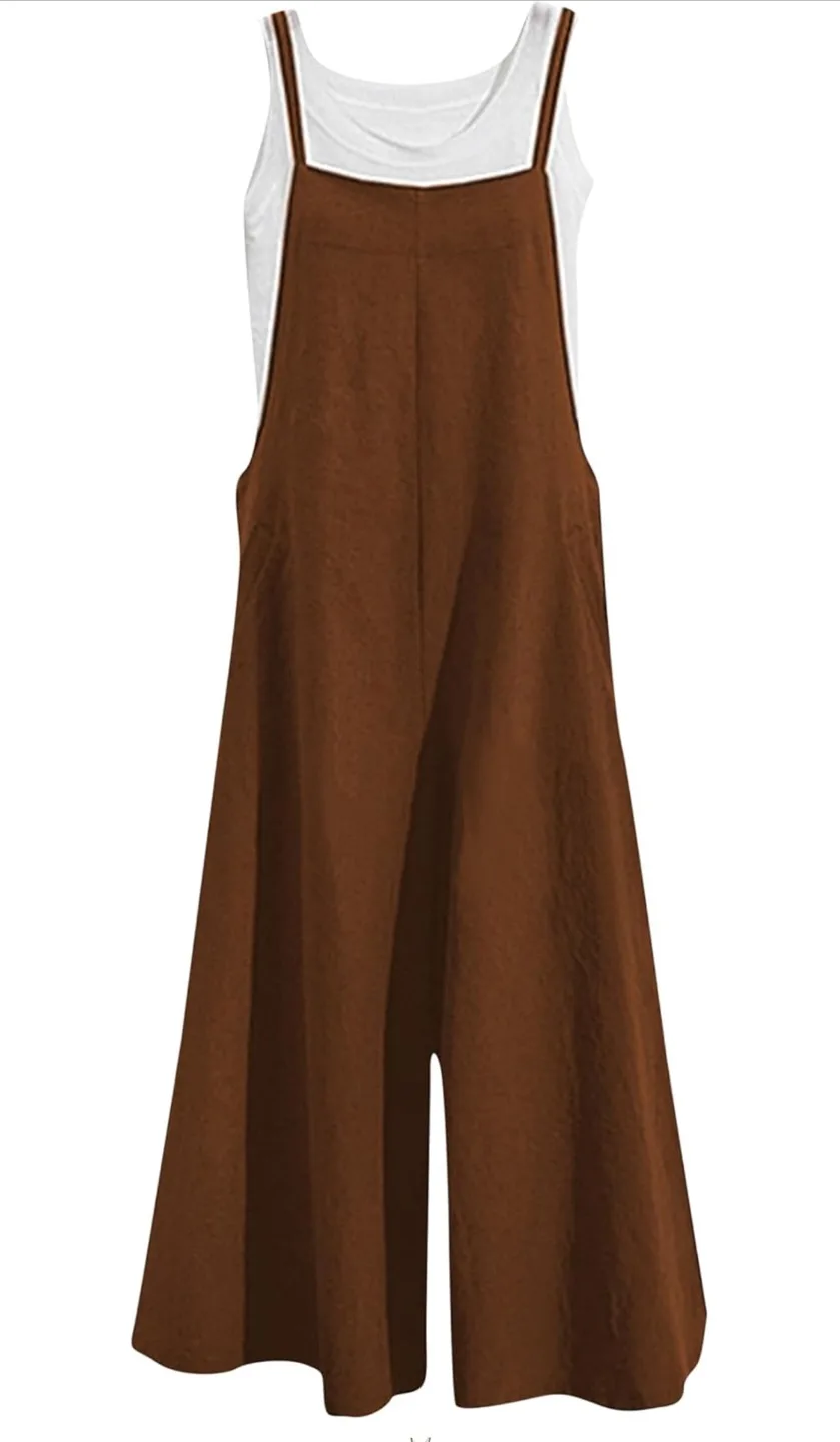 NEW! Sopliagon Brown Linen-Look Overall Jumpsuit - Size Medium thumbnail