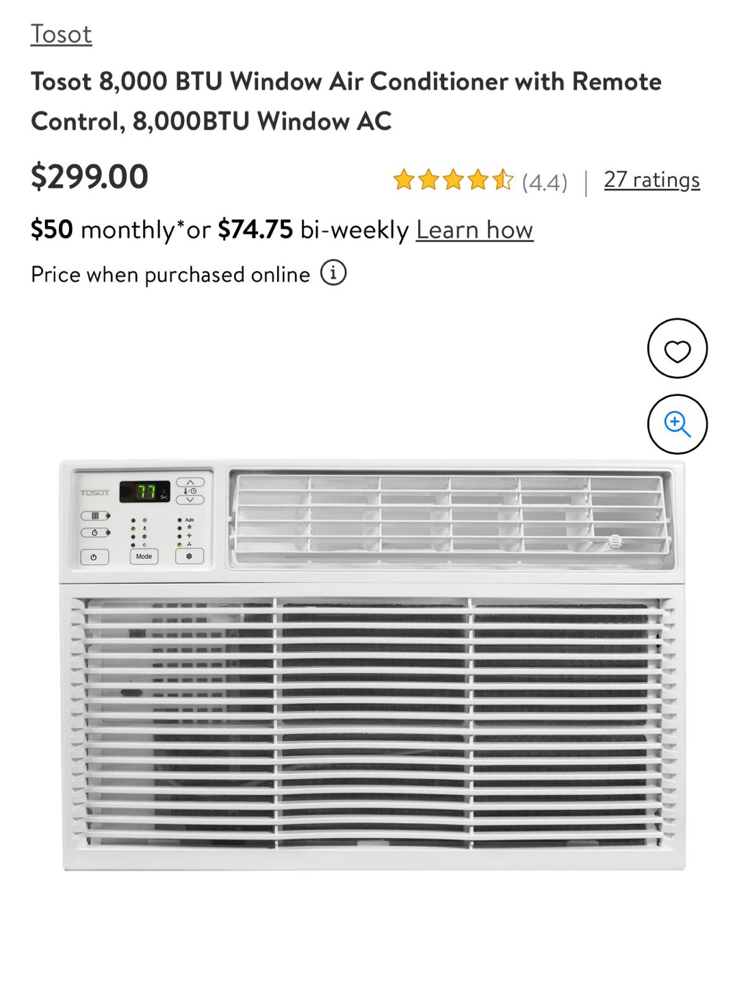 Tosot 8000 BTU Window Air Conditioner with Remote