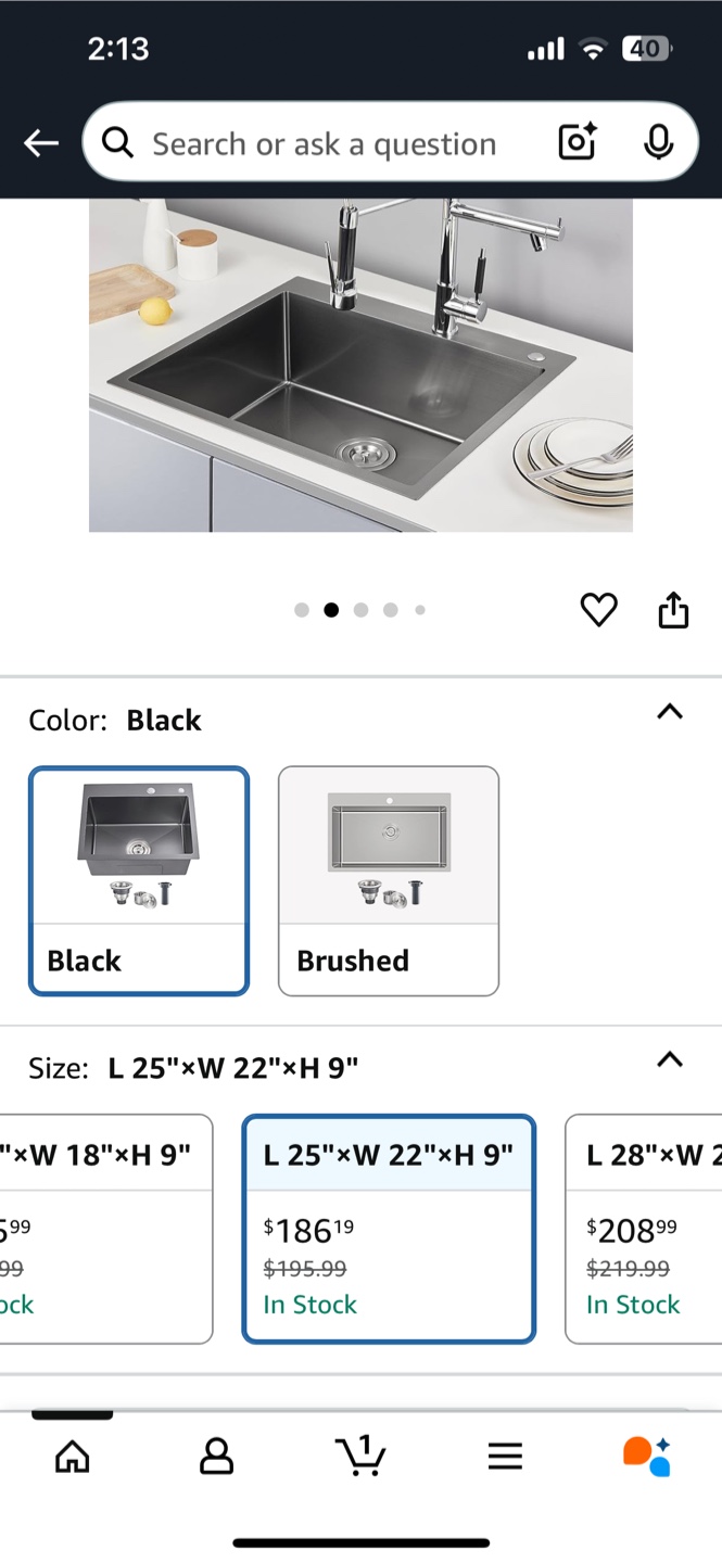 25x22 inch stainless steel in Black Kitchen Sink