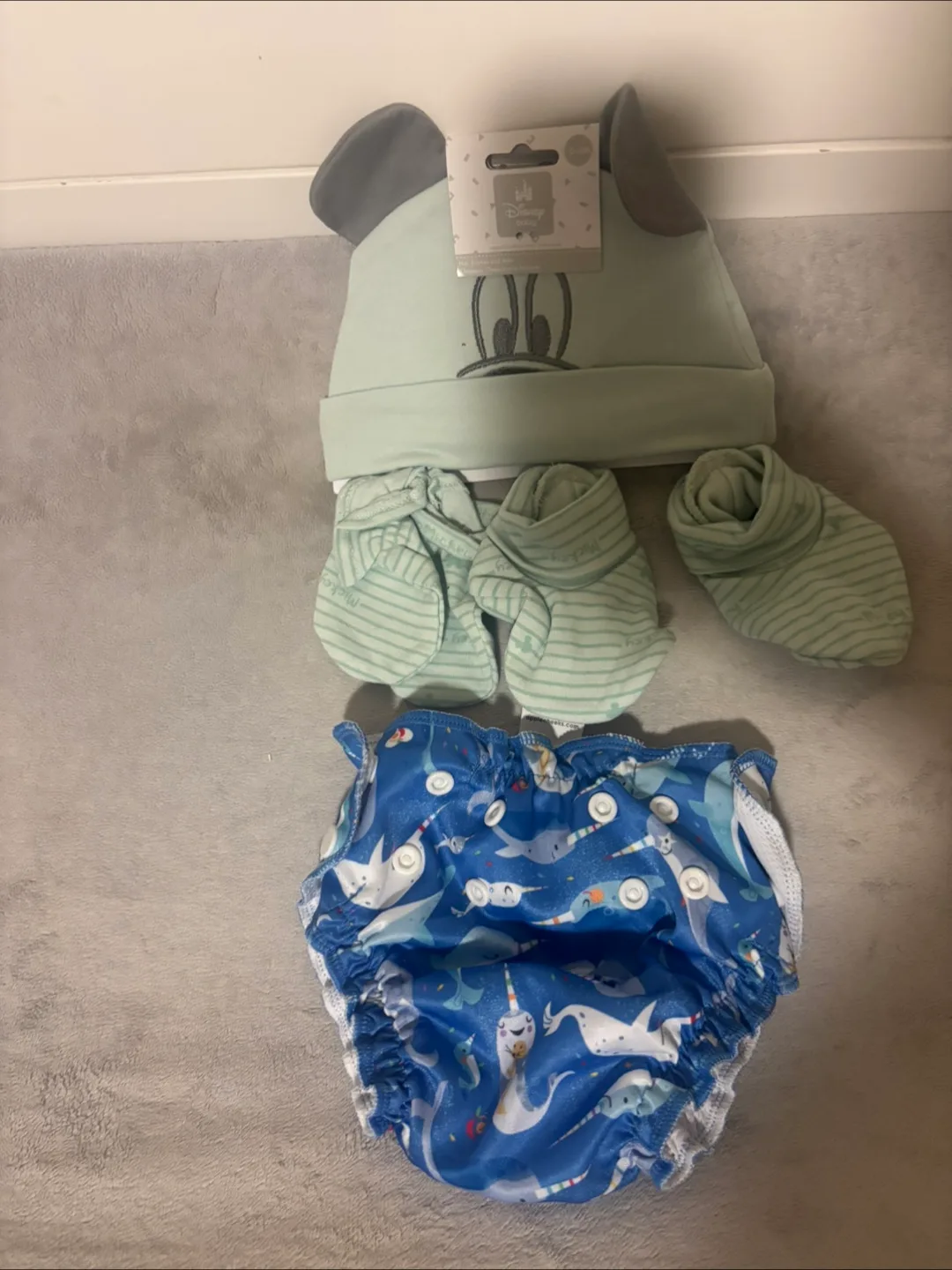 Baby Bundle: Reusable Diaper cover, Hat, and Mittens thumbnail