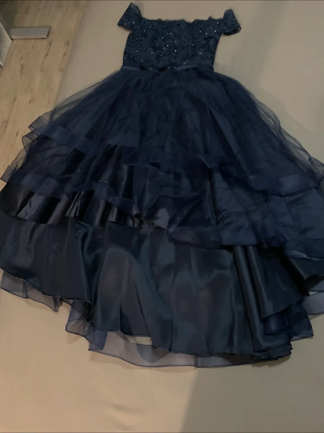 Navy Blue High-Low Prom Dress with Lace Detail image indicator(3)