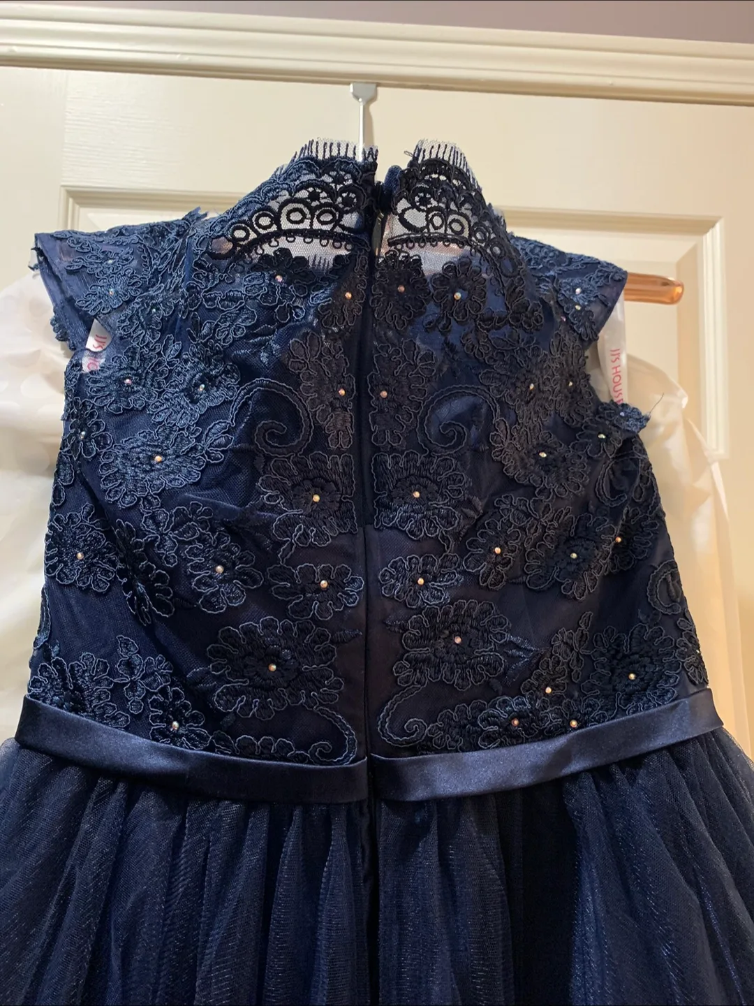 Navy Blue High-Low Prom Dress with Lace Detail image indicator(2)