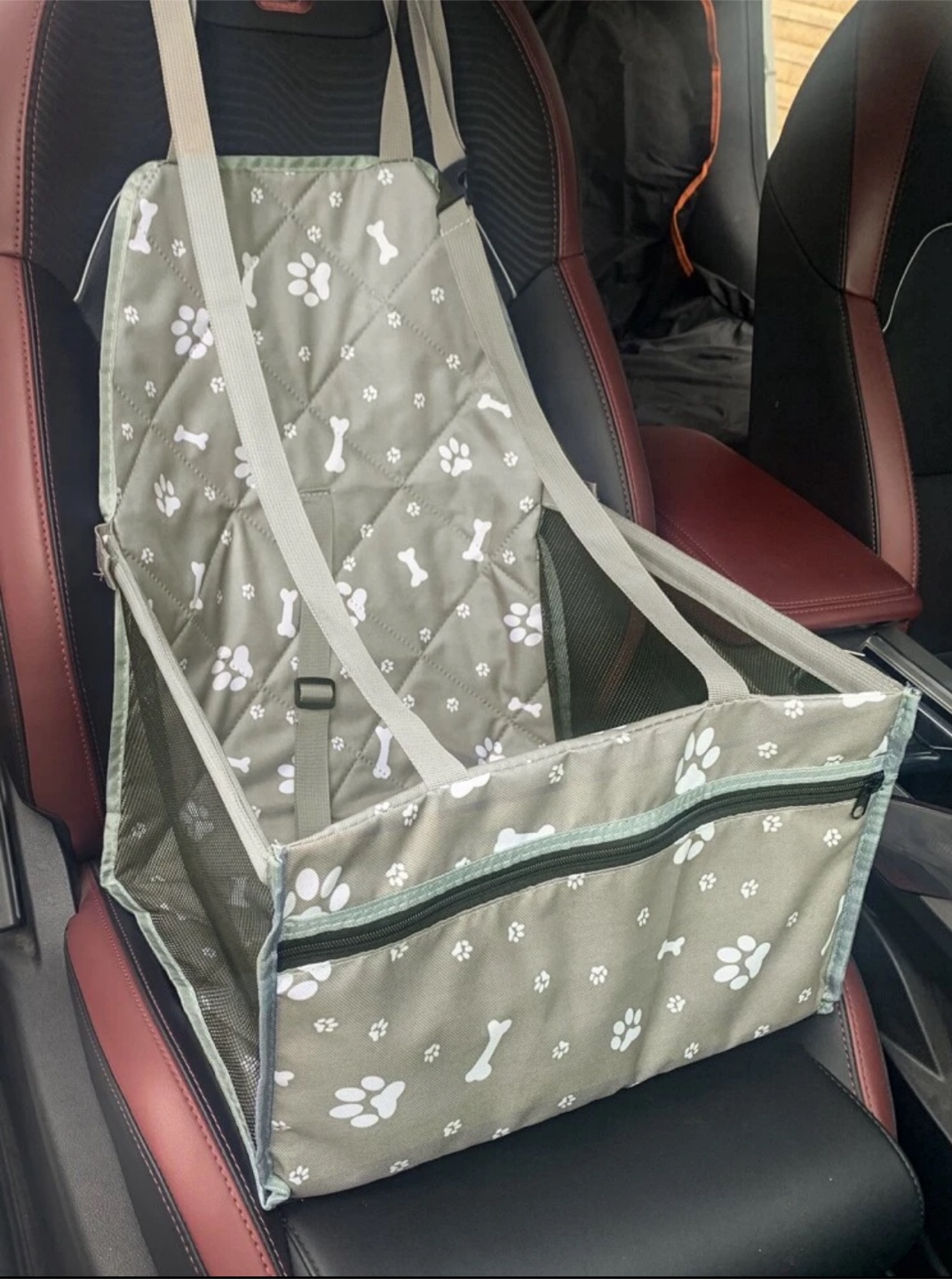 Pet Car Seat Carrier - Grey Bone & Paw Print Design