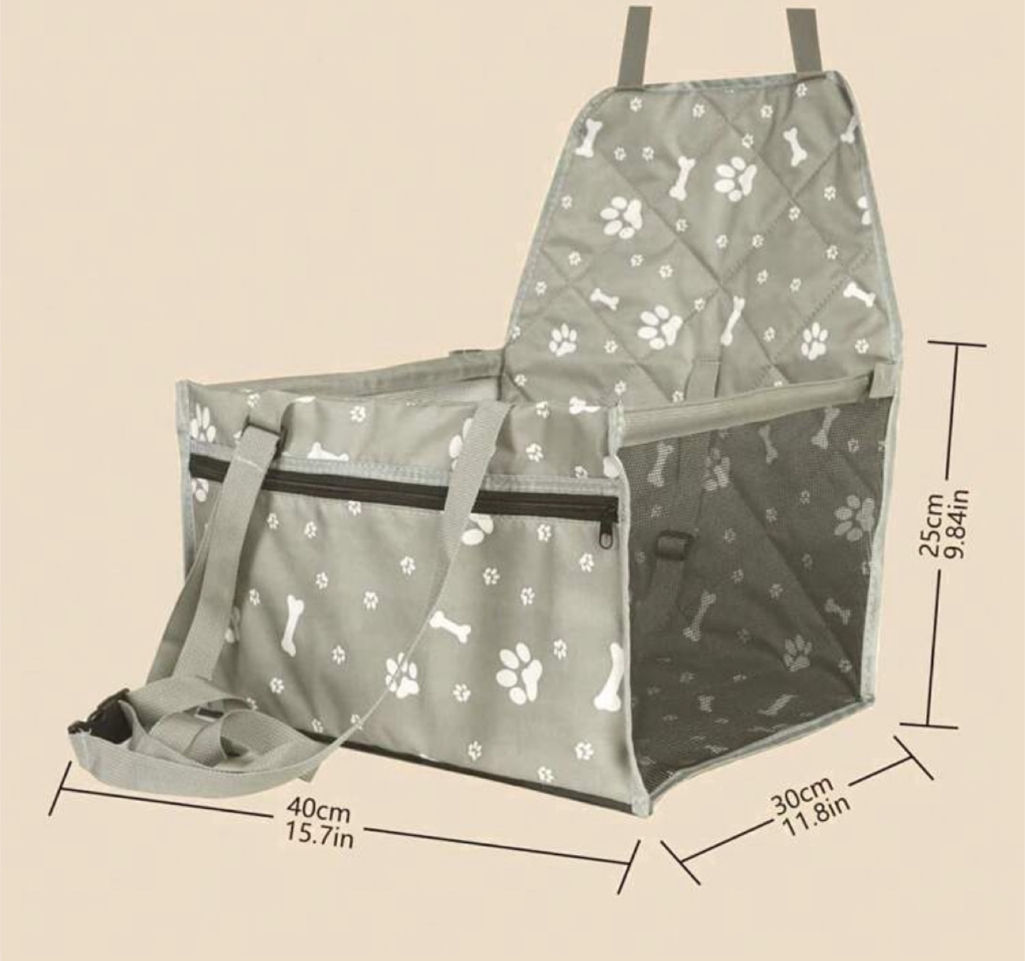Pet Car Seat Carrier - Grey Bone & Paw Print Design - photo 3