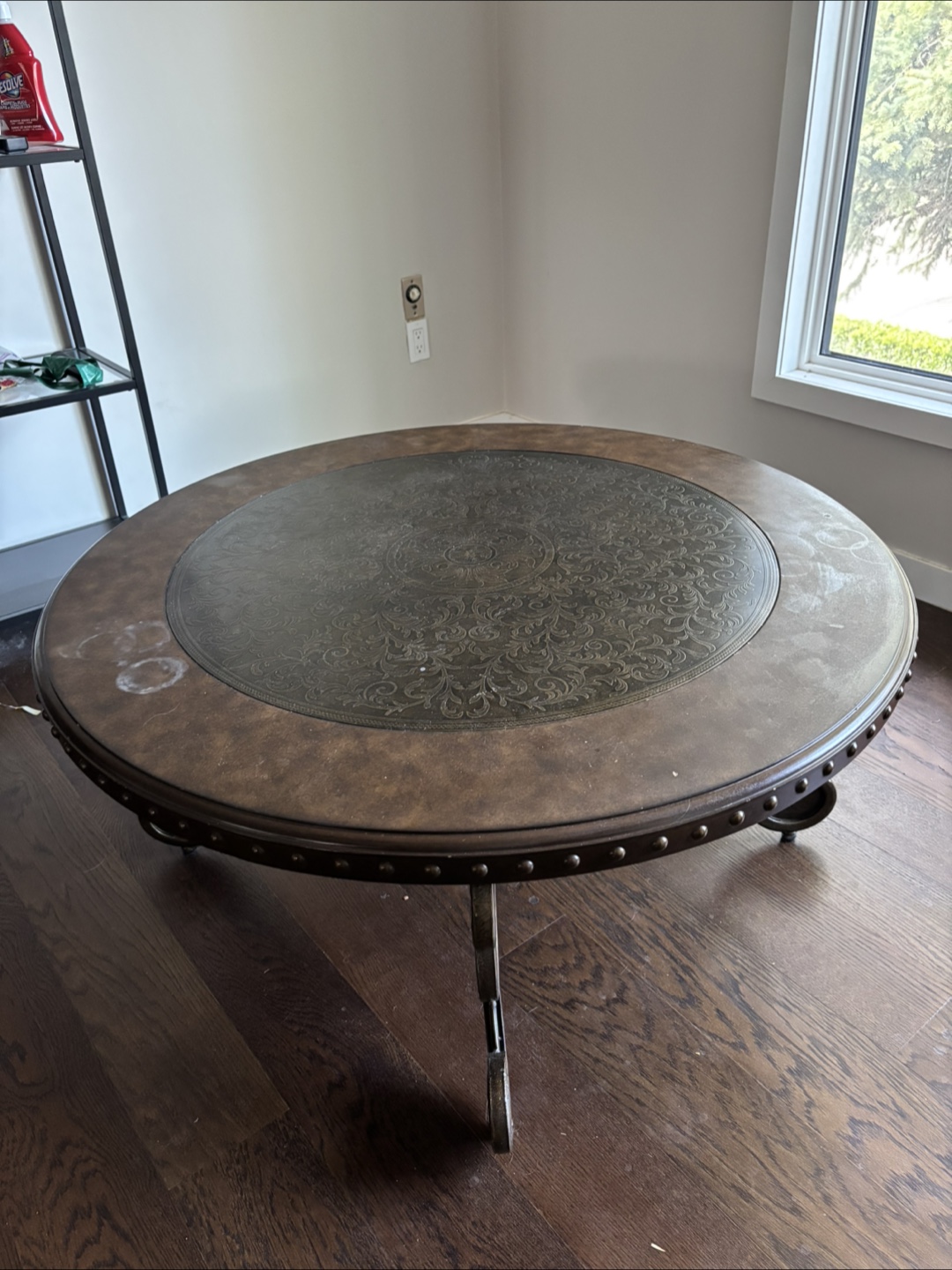 Round Brown Wood and Metal Coffee Table - photo 2