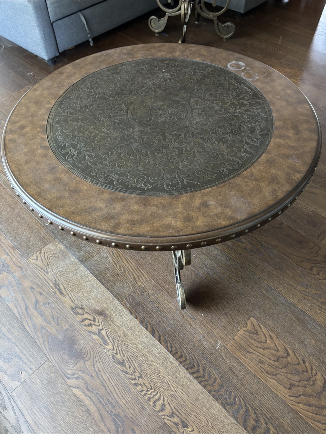 Round Brown Wood and Metal Coffee Table
