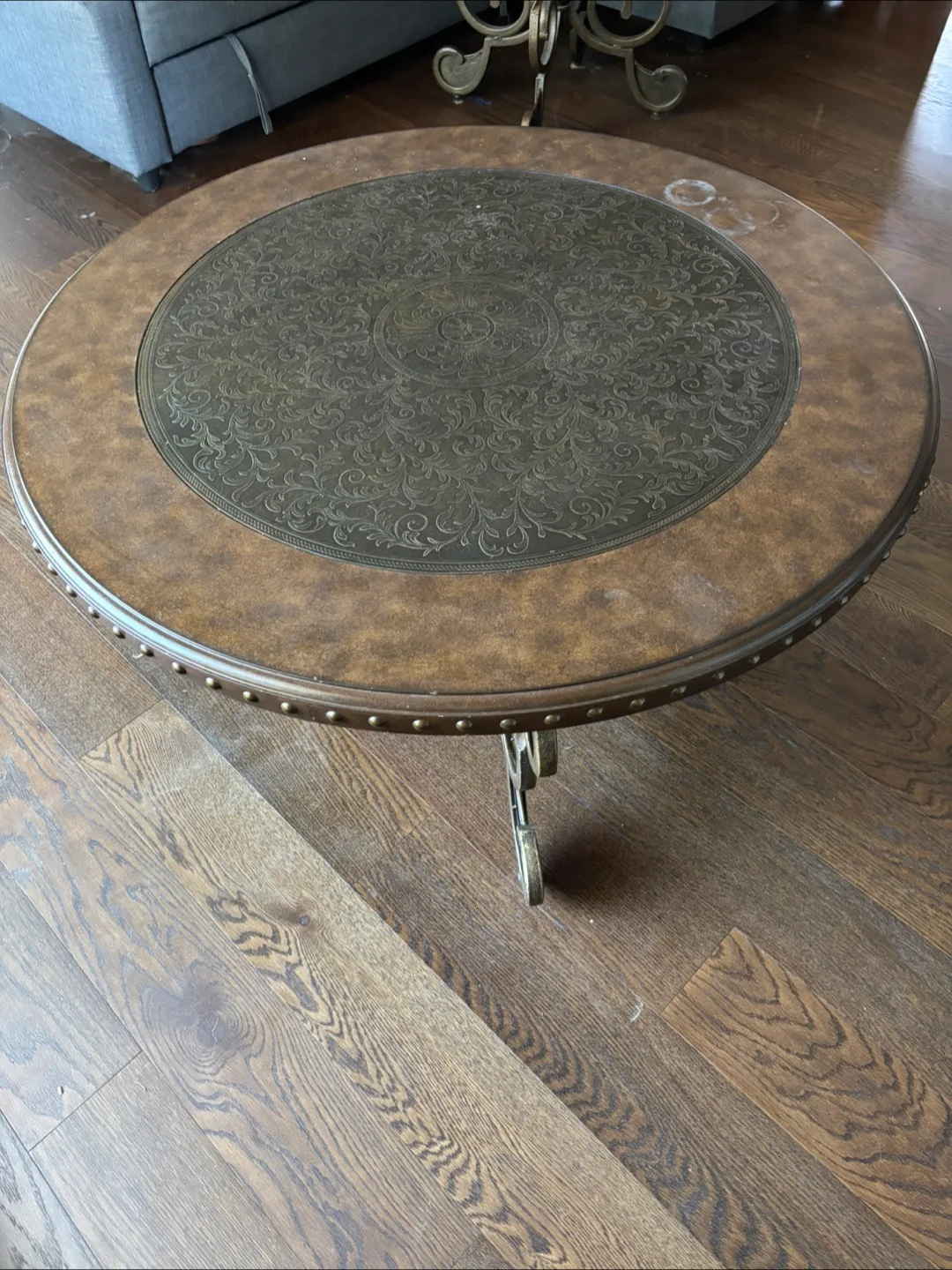 Round Brown Wood and Metal Coffee Table thumbnail
