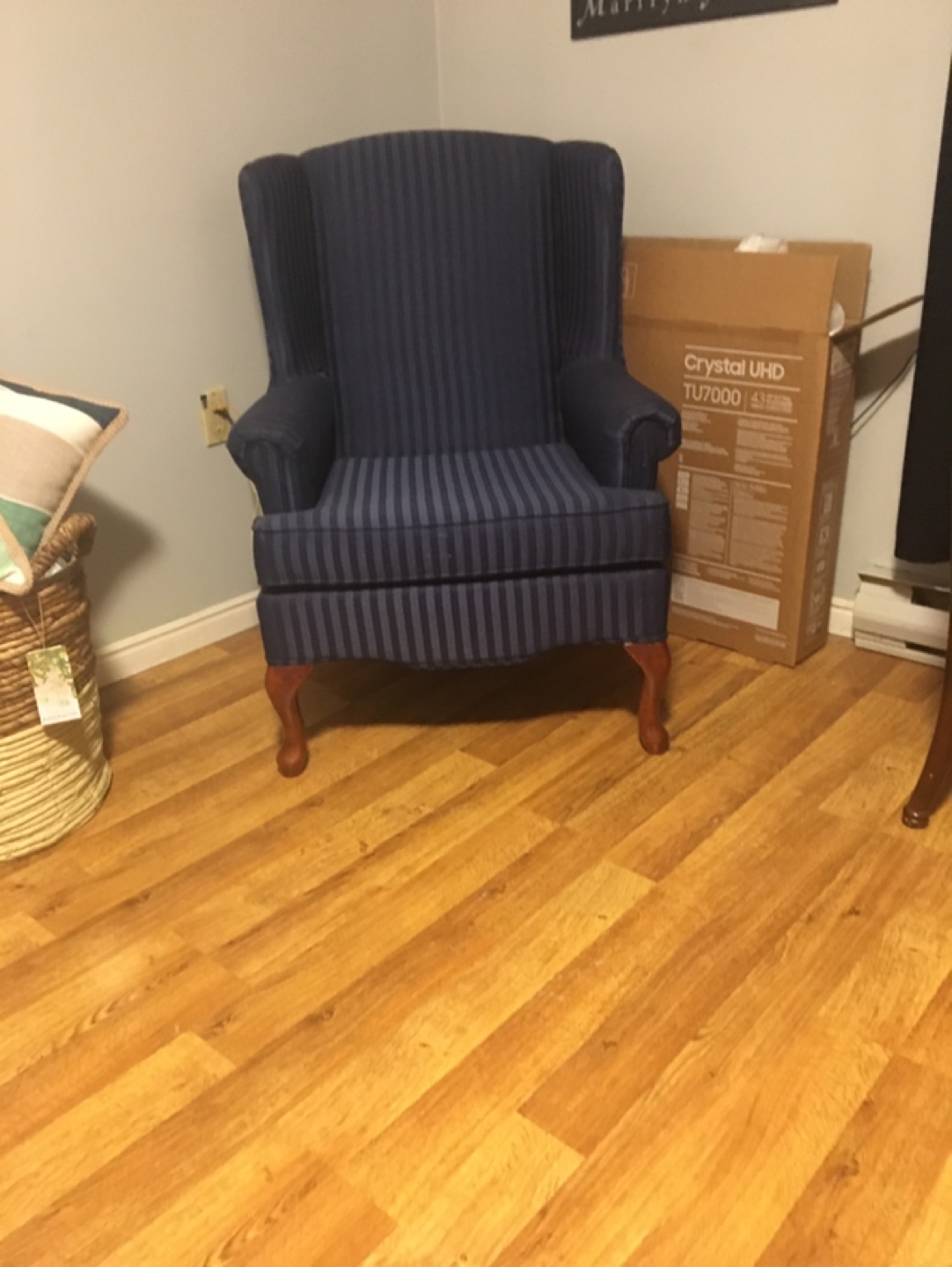 Blue Striped Wingback Chair