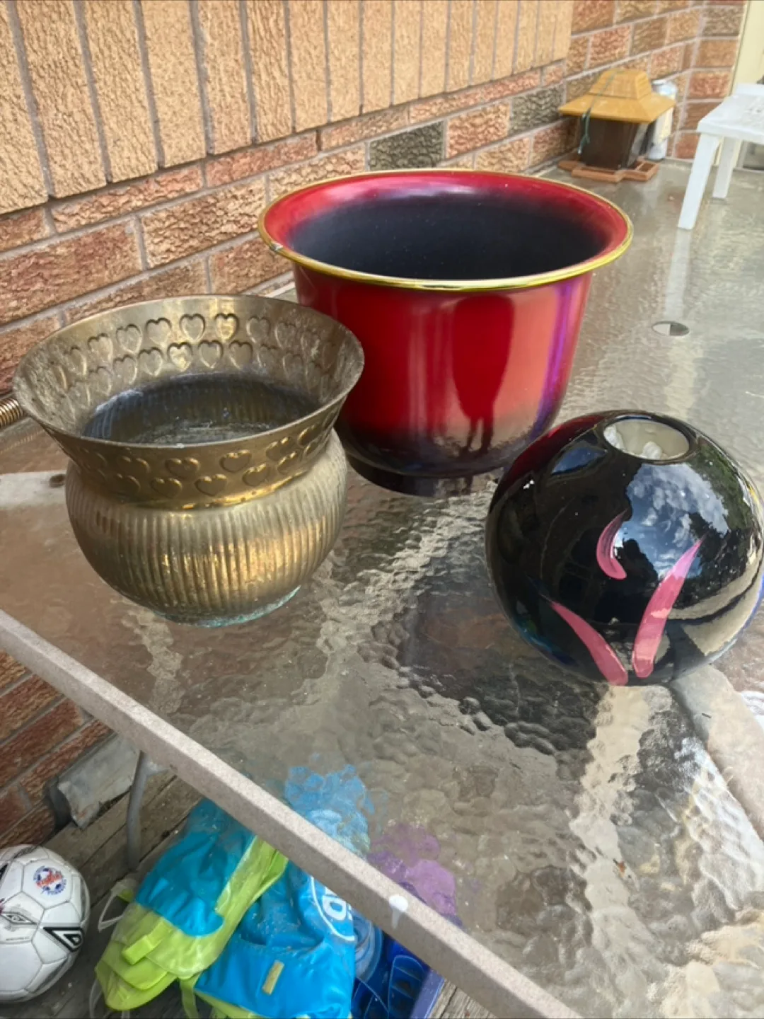 Three Vintage Planters: Brass, Red & Black thumbnail