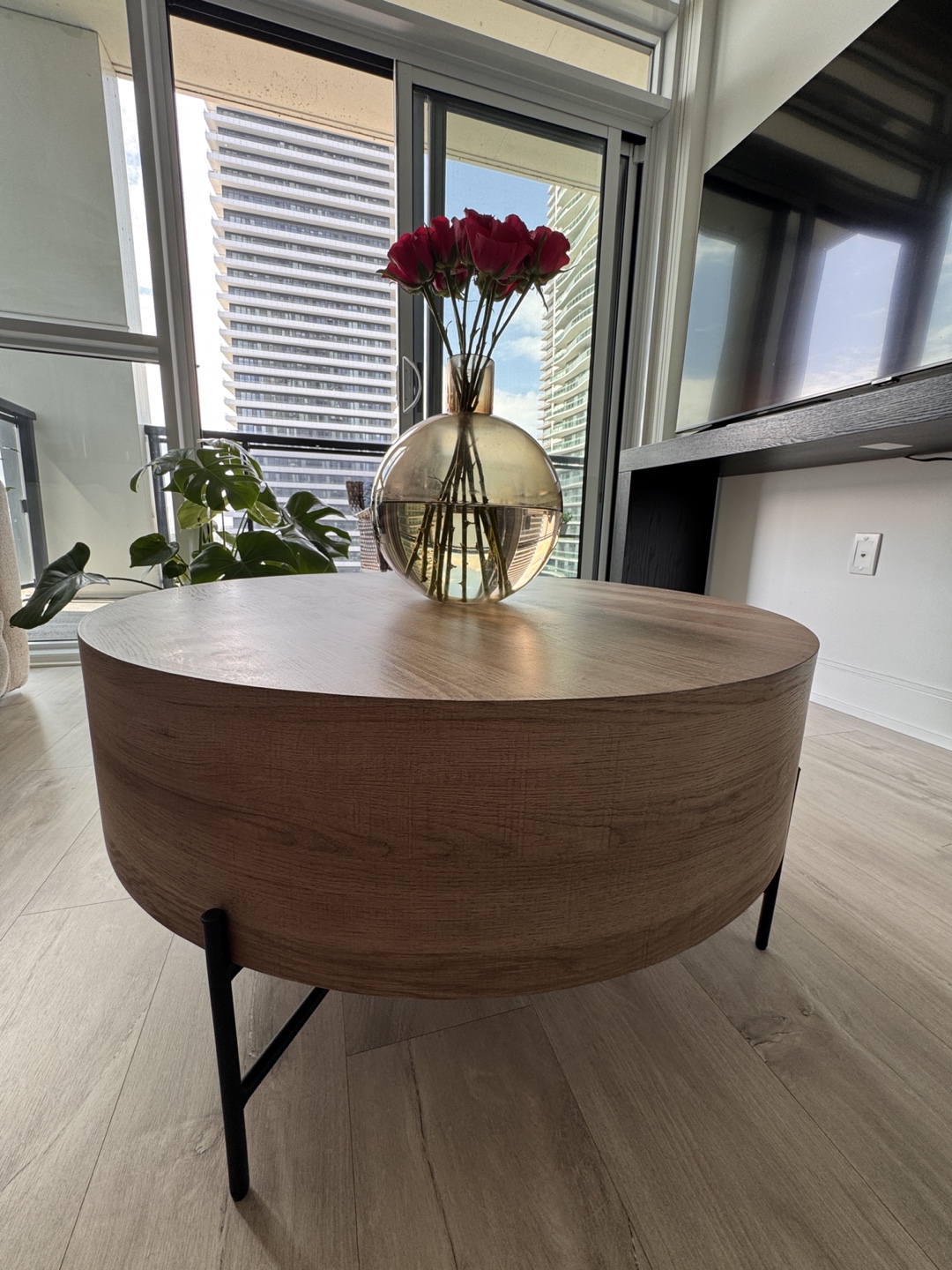 Structube Round Wooden Coffee Table with Black Legs