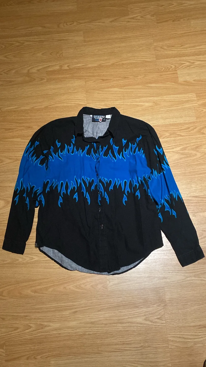 Men's Blue Flames Flannel Button-Up Shirt, Size M, thumbnail