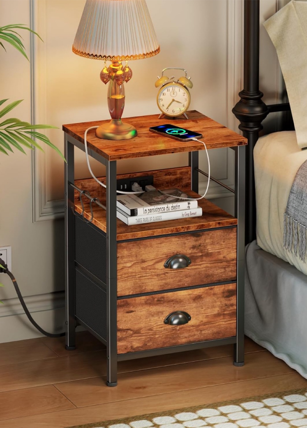 Nightstand with Built-in Outlets and Storage