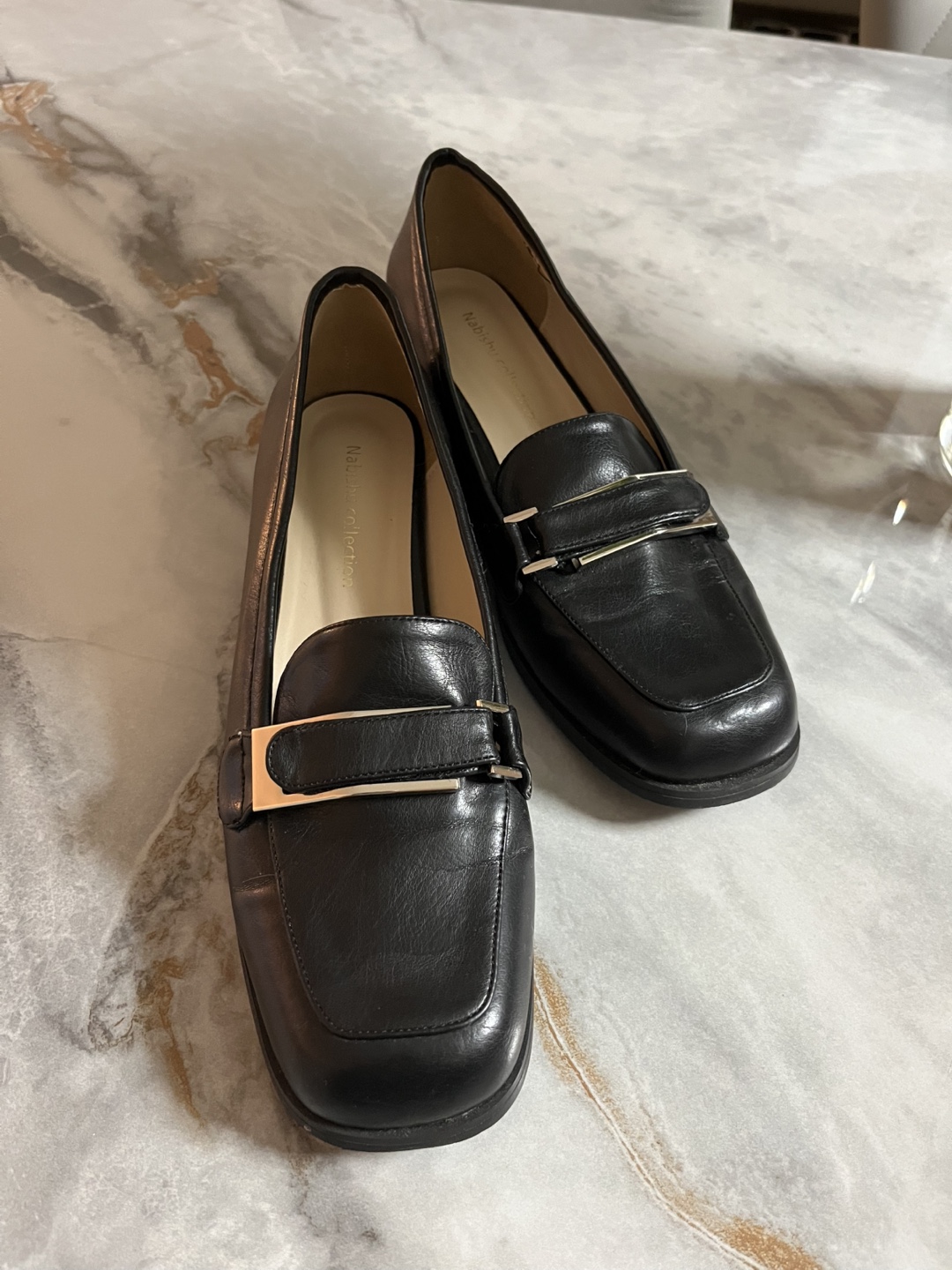 Women's Black Leather Loafers with Silver Buckle