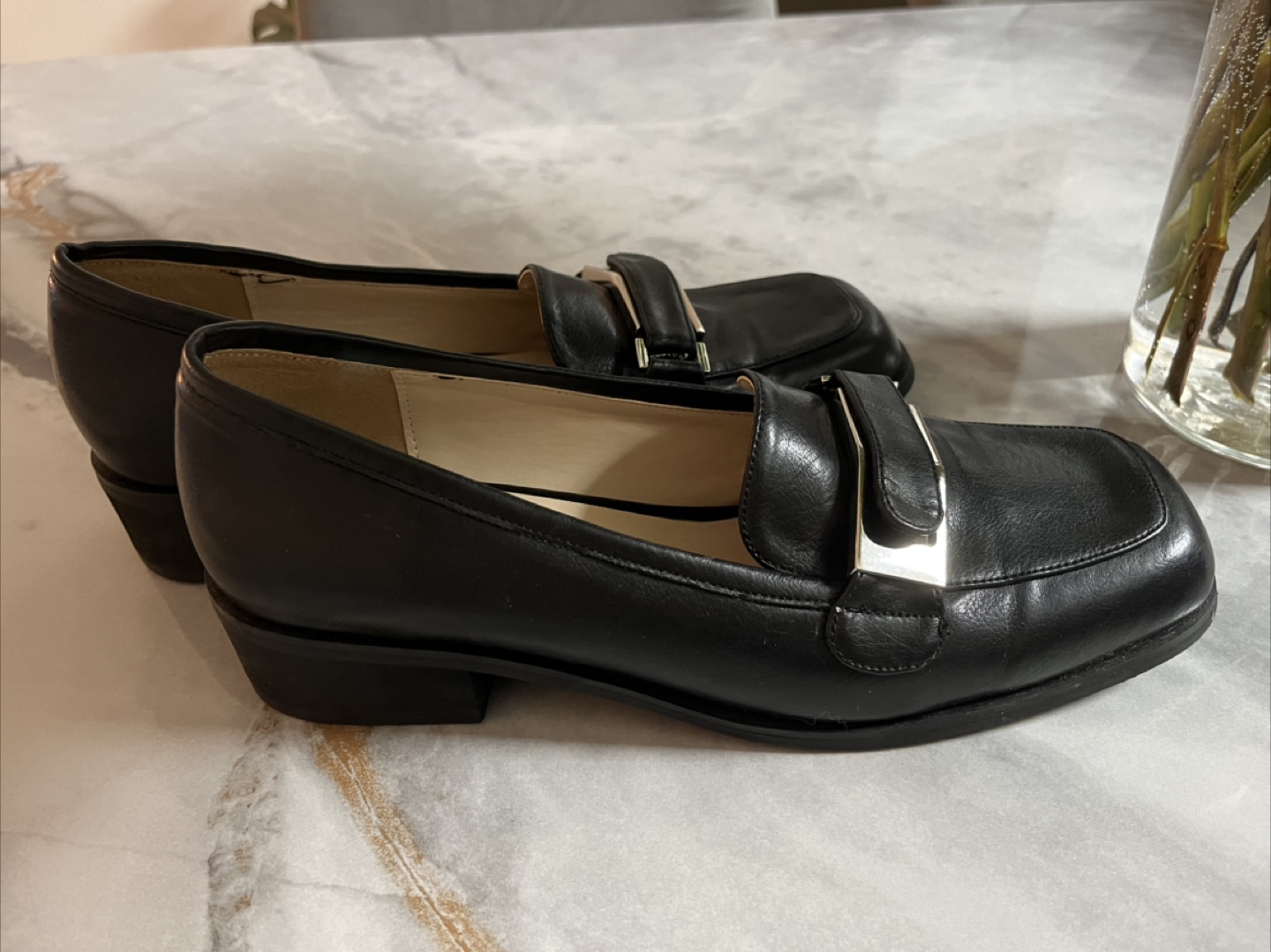 Women's Black Leather Loafers with Silver Buckle - photo 3