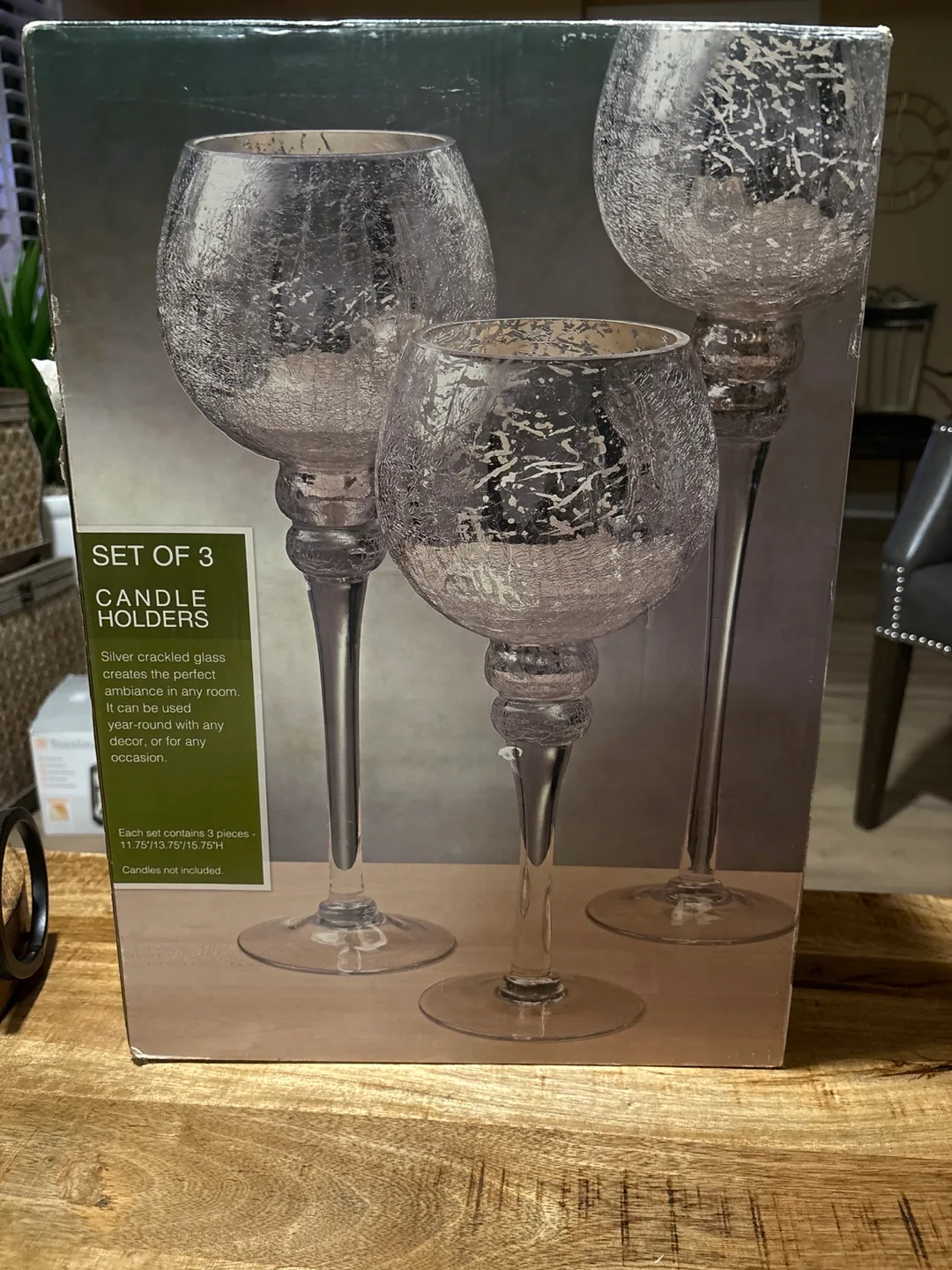 Set of 3 Long Stem Silver Crackled Glass Candle Holders thumbnail