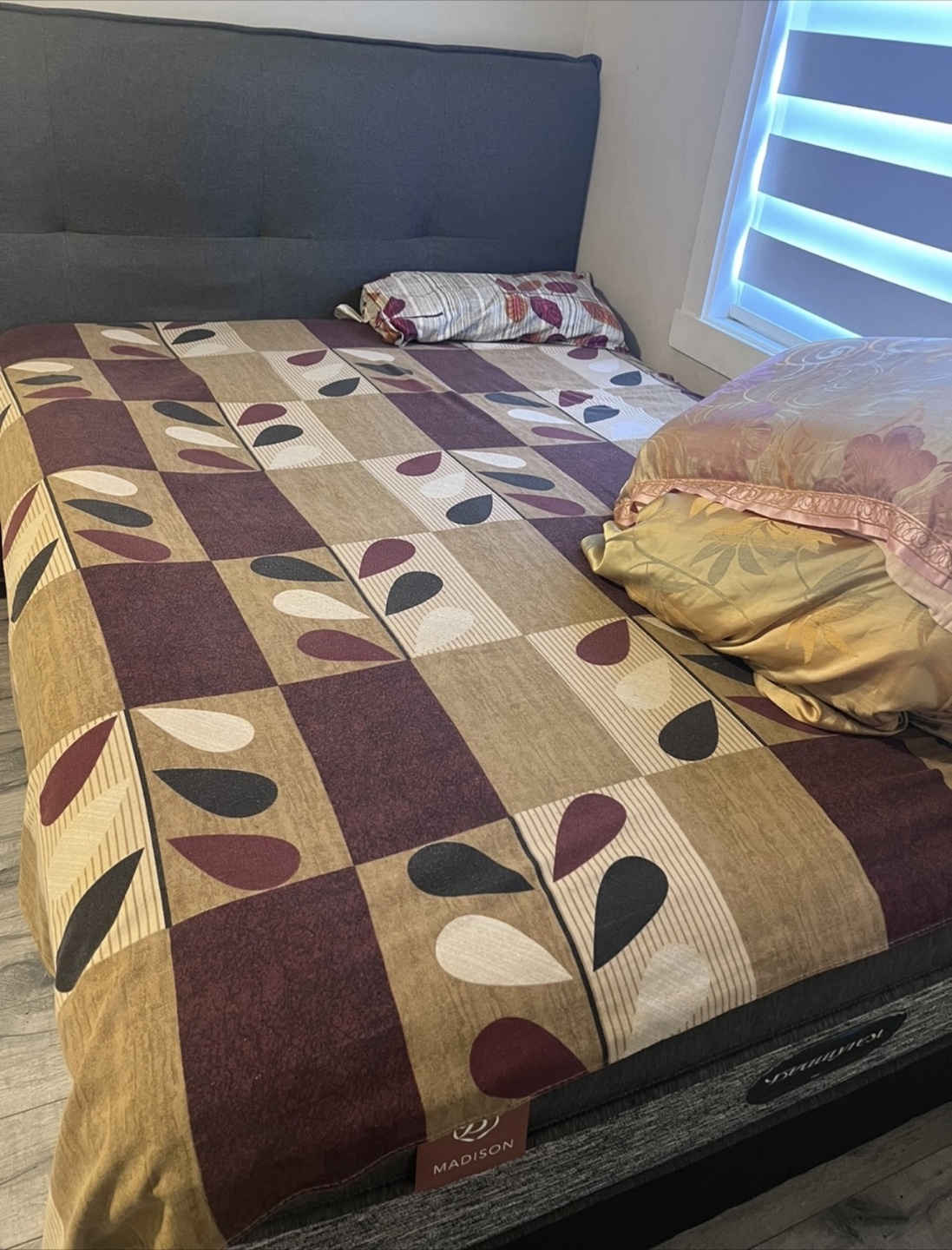 Queen Sized Blue Bed Frame & King Size Cushioned Headboard!