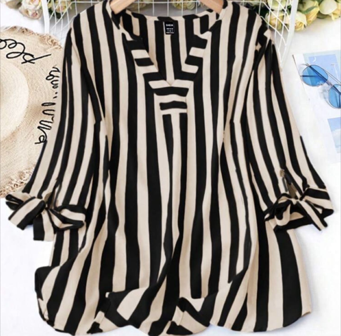 Black and Beige Striped Blouse