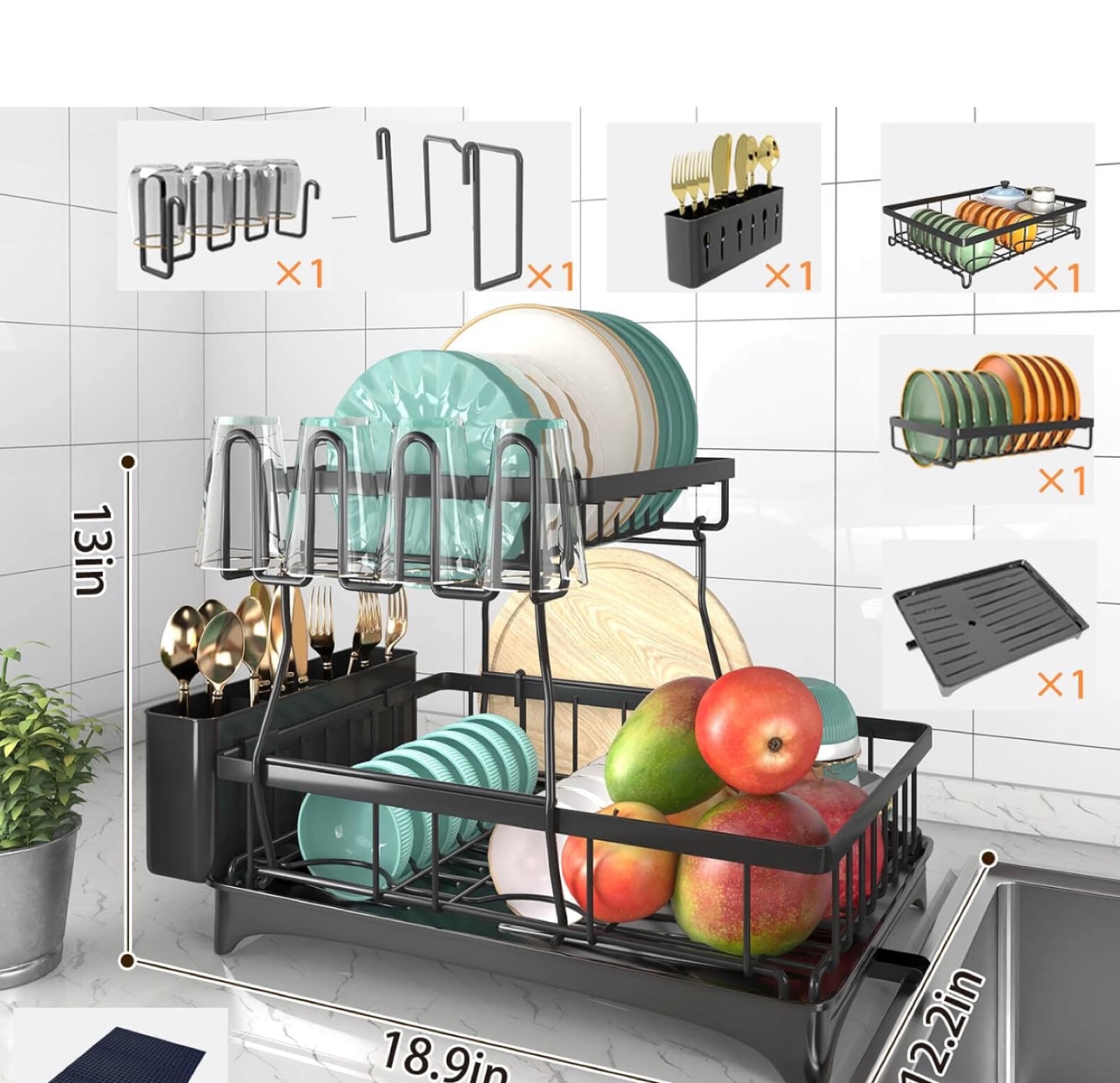 2-Tier Black Dish Drying Rack with Cutlery Holder
