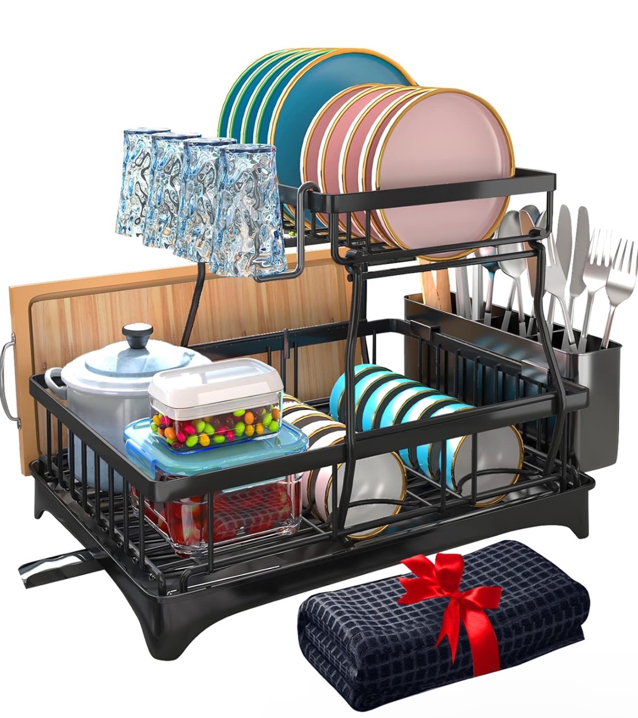 2-Tier Black Dish Drying Rack with Cutlery Holder - photo 2
