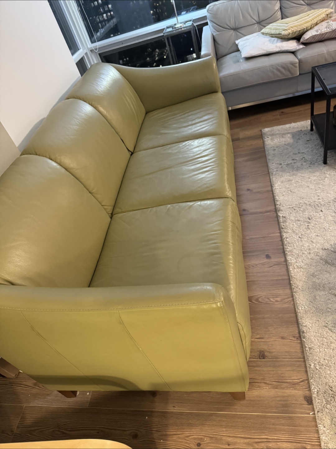 Three-seater Olive Green Leather Sofa - photo 2