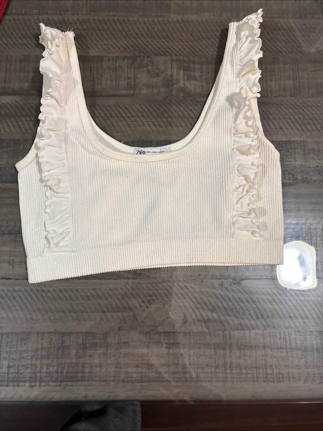 Zara White Ribbed Crop Top with Ruffles thumbnail